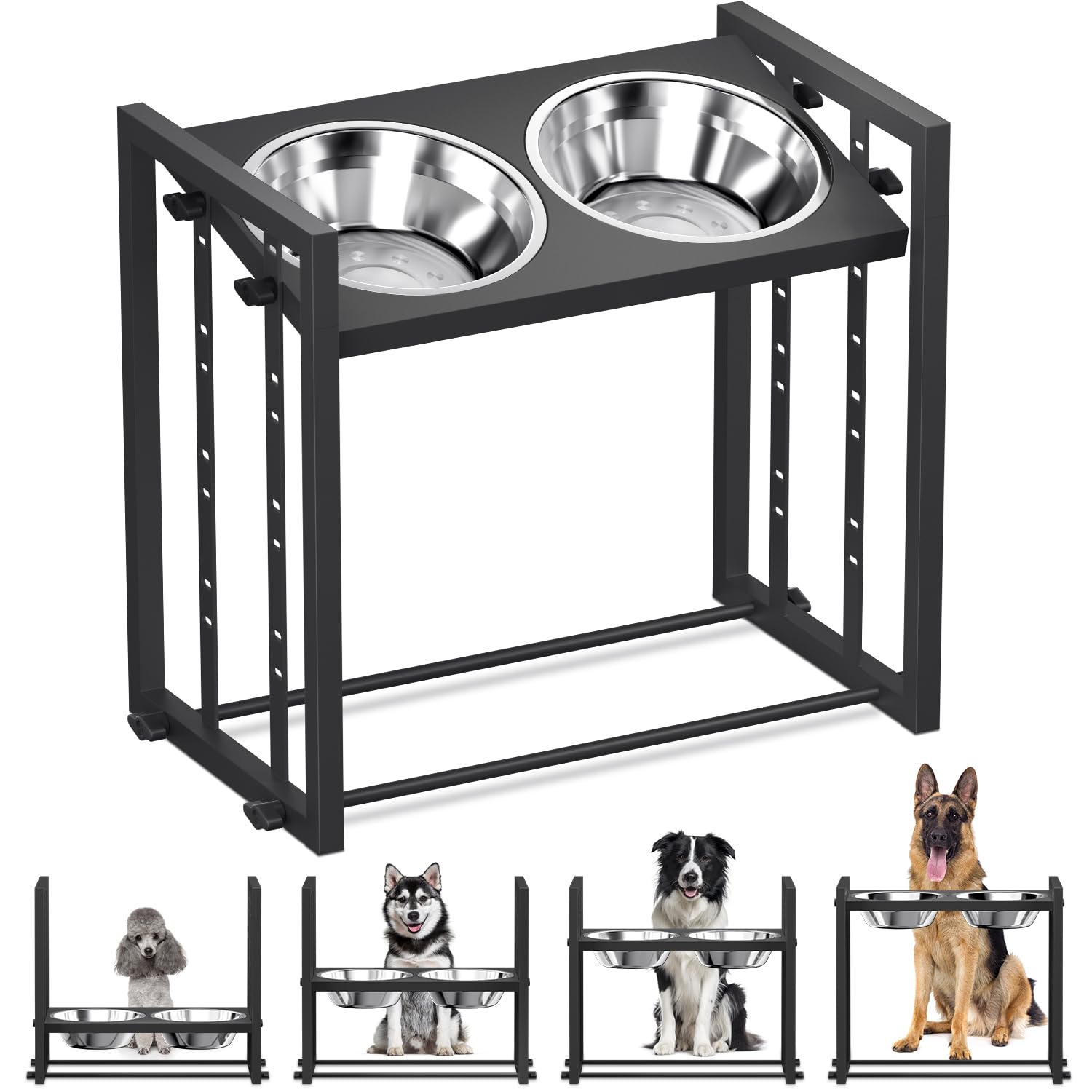 Elevated Metal Dog Bowls For Medium Breed: 4 Height-Adjustable Raised Dog Bowl Feeder Station With 2 Stainless Steel Bowls, Blac