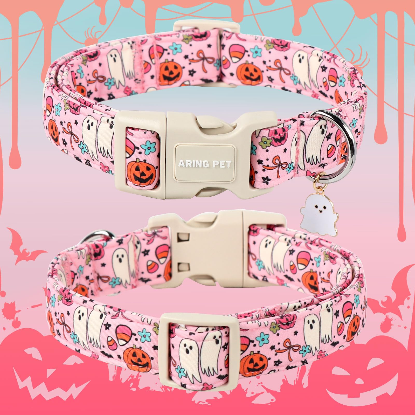 Aring Pet Halloween Dog Collar-Cute Pink Dog Collars, Adjustable Pumpkin Ghost Printed Pet Collars Puppy Collar With Quick Relea