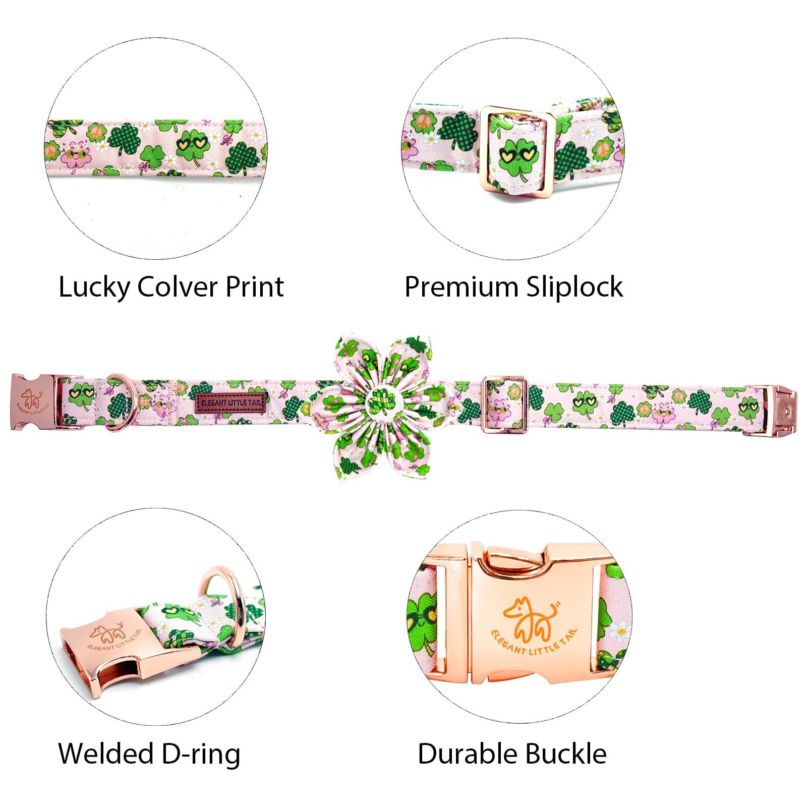 Elegant little tail St Patrick's Dog Collar with Flower Pink Cute Colver Cotton Shamrock Pet Collar Trefoil Puppy Collar Flower