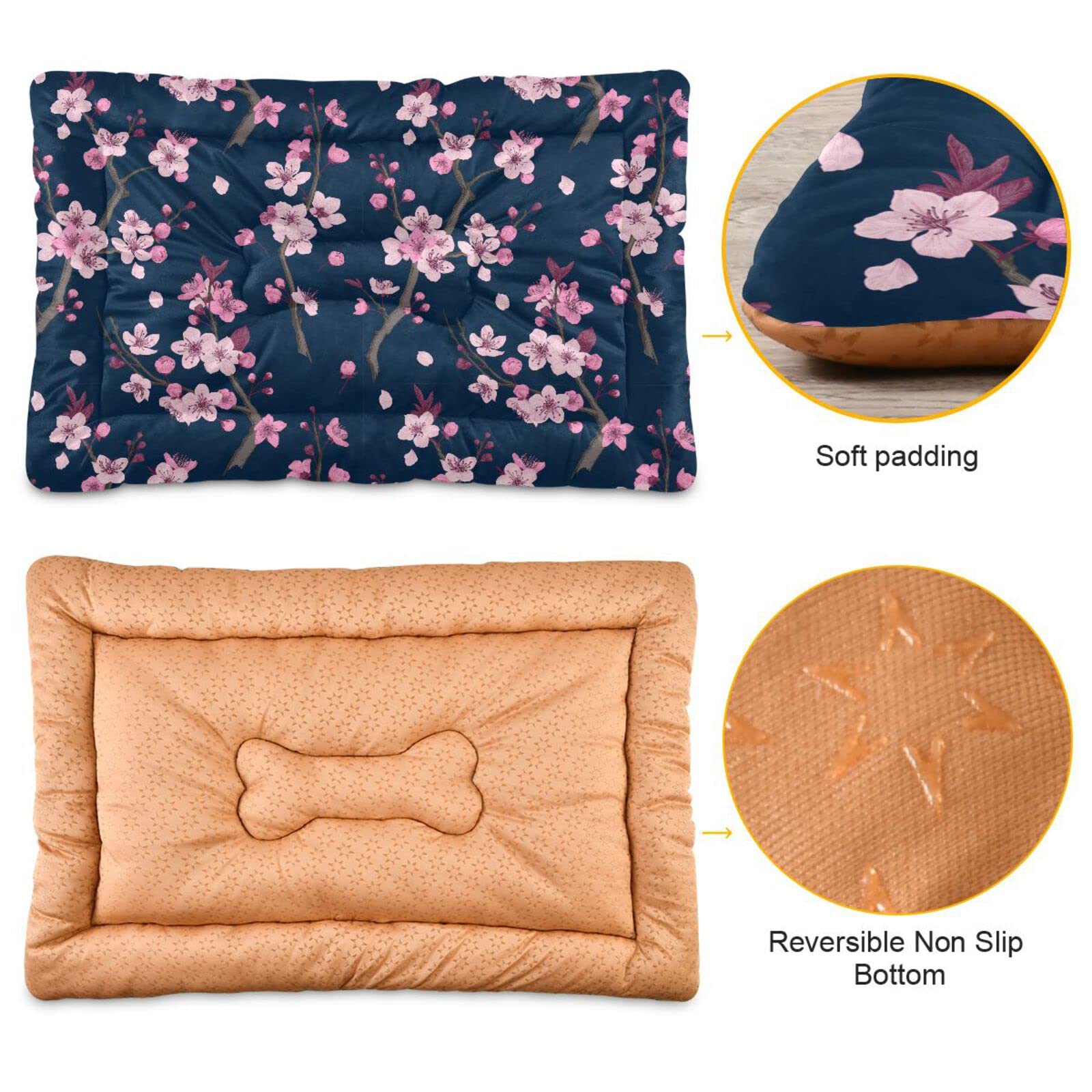 Coikll Pink Cherry Blossom Branches Pet Bed Pad Soft Dog Bed Mat With Anti-Slip Bottom, Machine Washable Crate Pad Mattress For