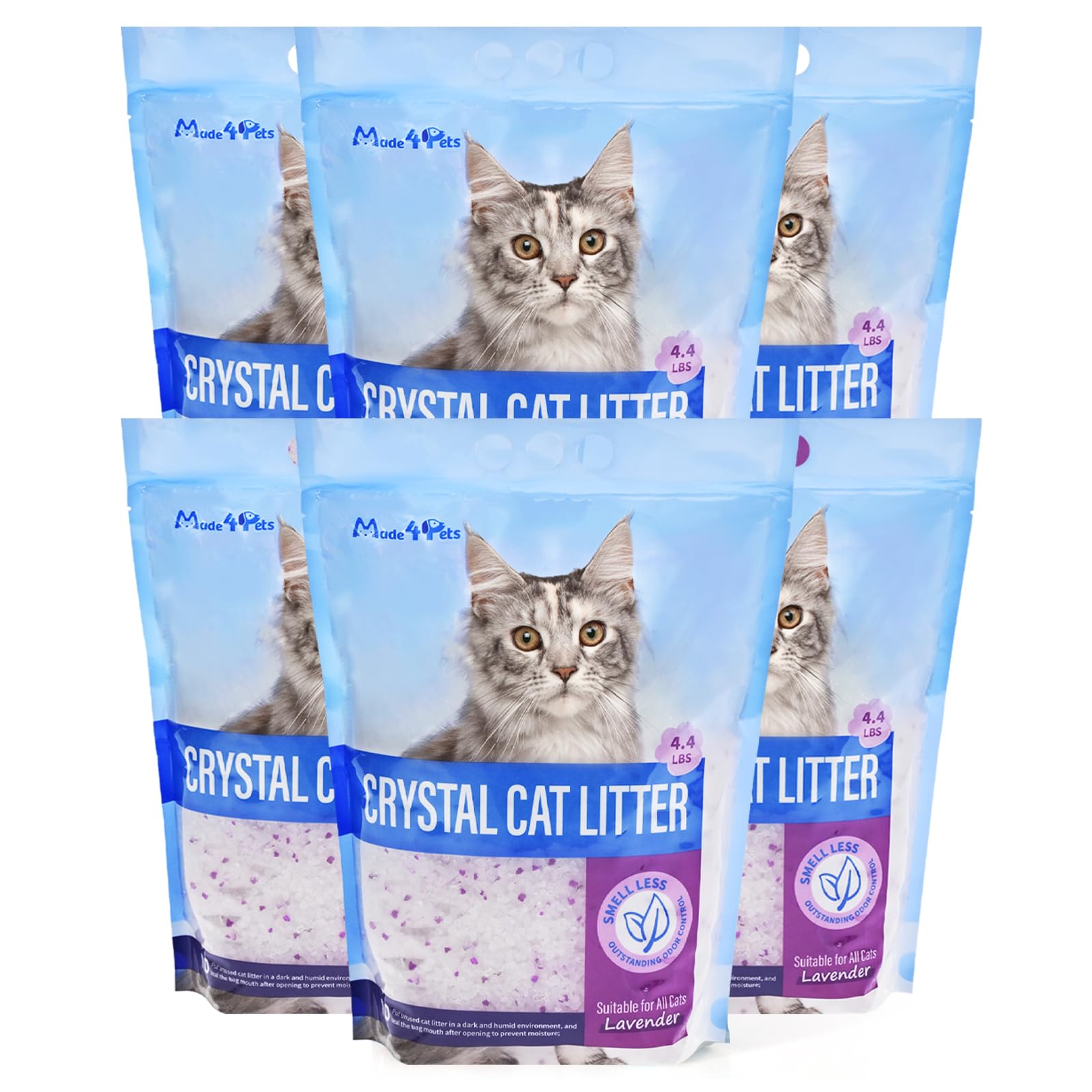 MADE 4 PETS Cat Litter Crystals, Non-Clumping, Lavender, 25.8 lbs (6 x 4.3 lb Packs), Low Dust, Odor Control, Lightweight