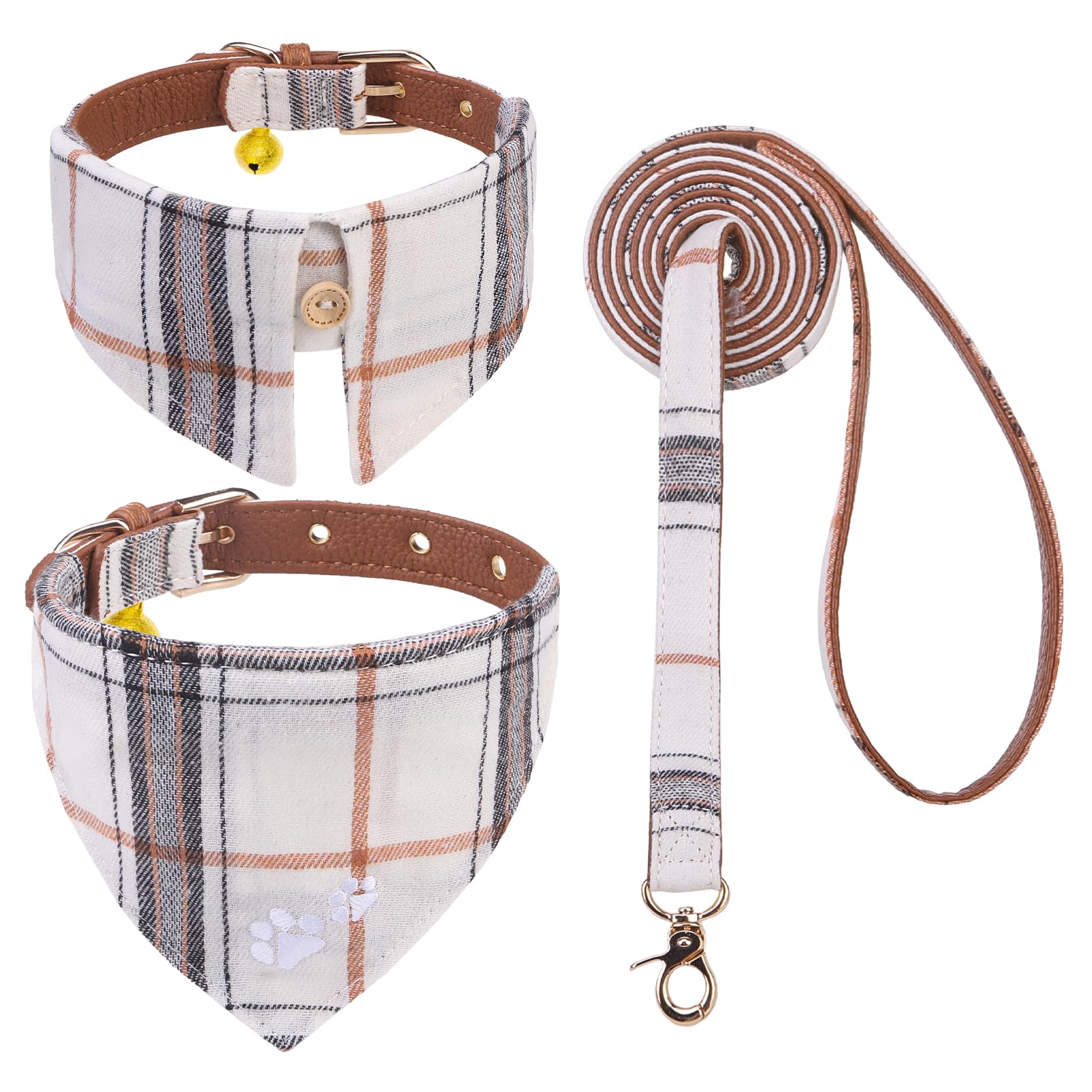 Expawlorer Puppy Collar And Leash - Embroidery Pawprints Plaid Dog Collar And Leash Set, Cute Dog Bandana Collar With Bell, Dog 