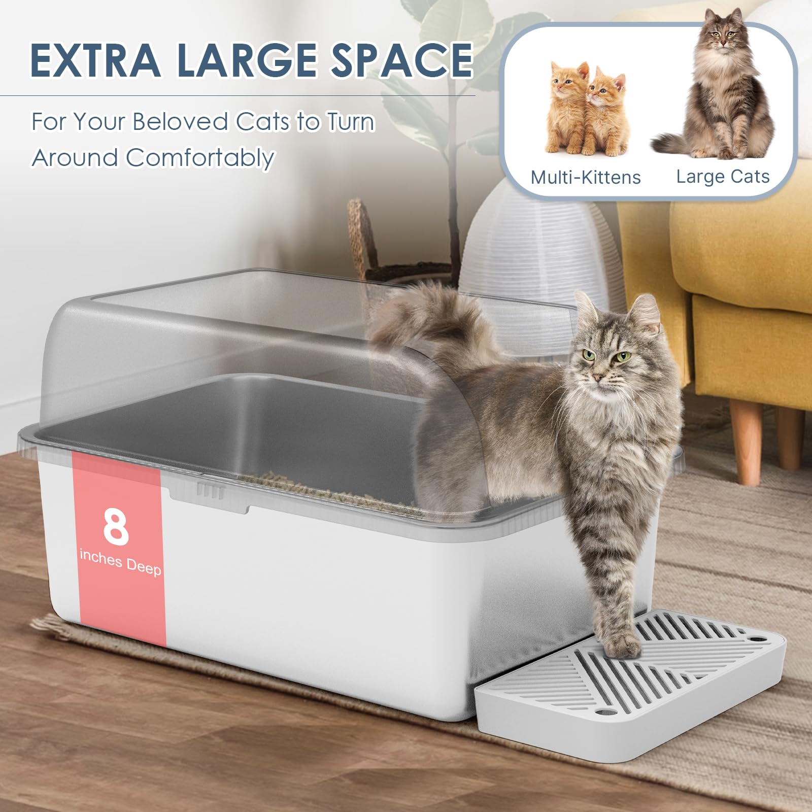 Suzzipaws 8' Deep Stainless Steel Cat Litter Box With Lid Extra Large Litter Box For Big Cats Xl Metal Litter Pan Tray With High Wall Sides Enclosure, Non-Sticky, Anti-Leakage, Easy Cleaning