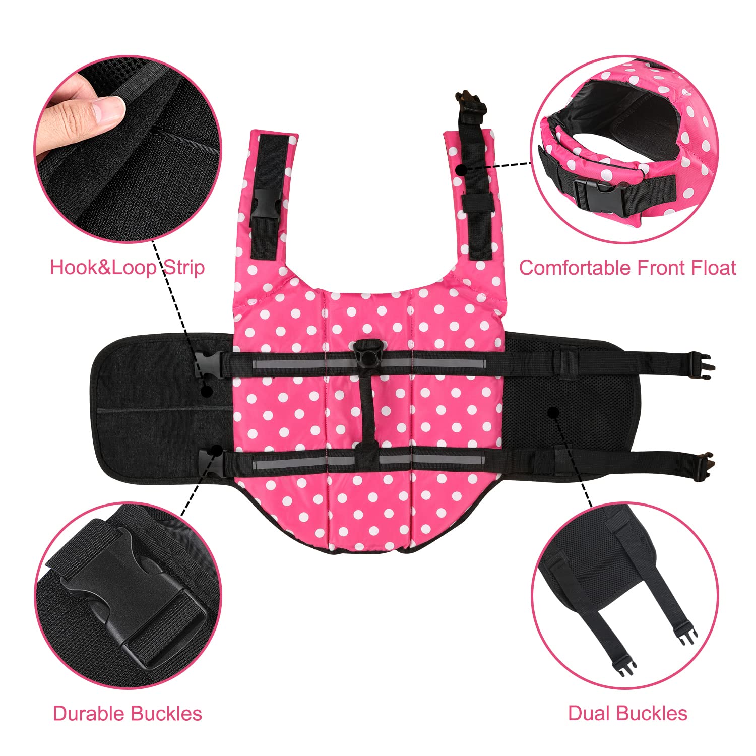 Haocoo Dog Life Jacket Vest Saver Safety Swimsuit Preserver With Reflective Stripes/Adjustable Belt Dogs?Pink Polka Dot,Xl
