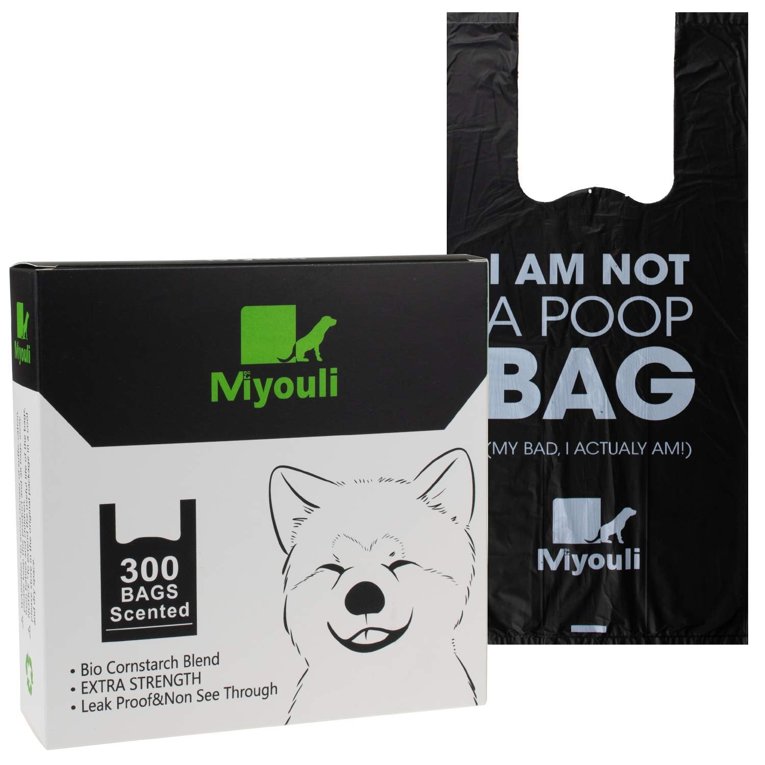 Miyouli 300 Counts Extra Thick Black Biodegradable Pet Poop Waste Bags With Handles for Dogs Ocean Wind-Scented