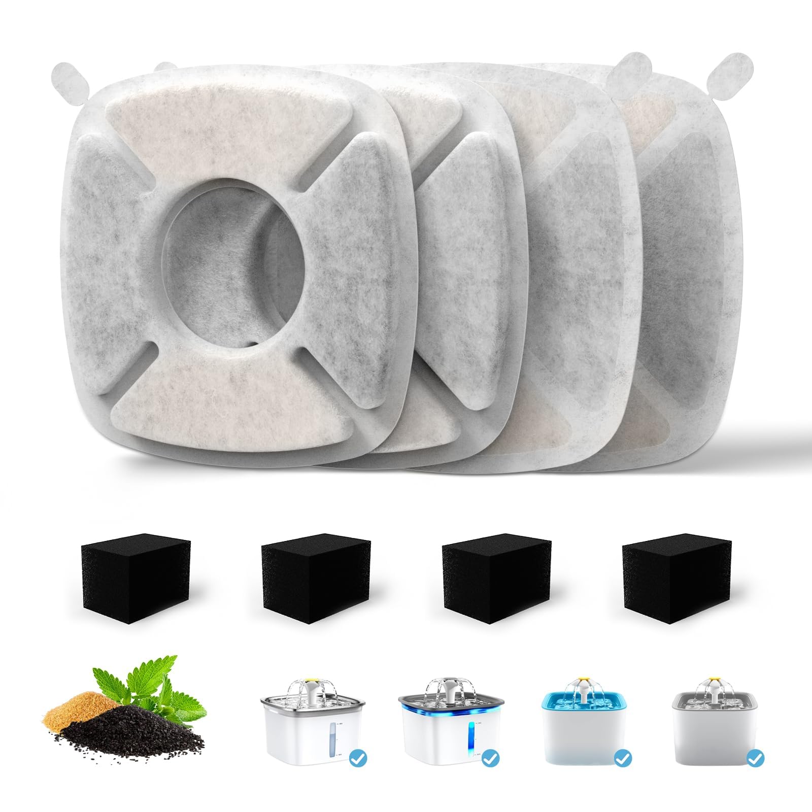 4 Pack Cat Water Fountain Filter Compatible with 67/95/135/85oz Automatic Pet Dispenser, Triple Filtration Dog Fountain Filter (