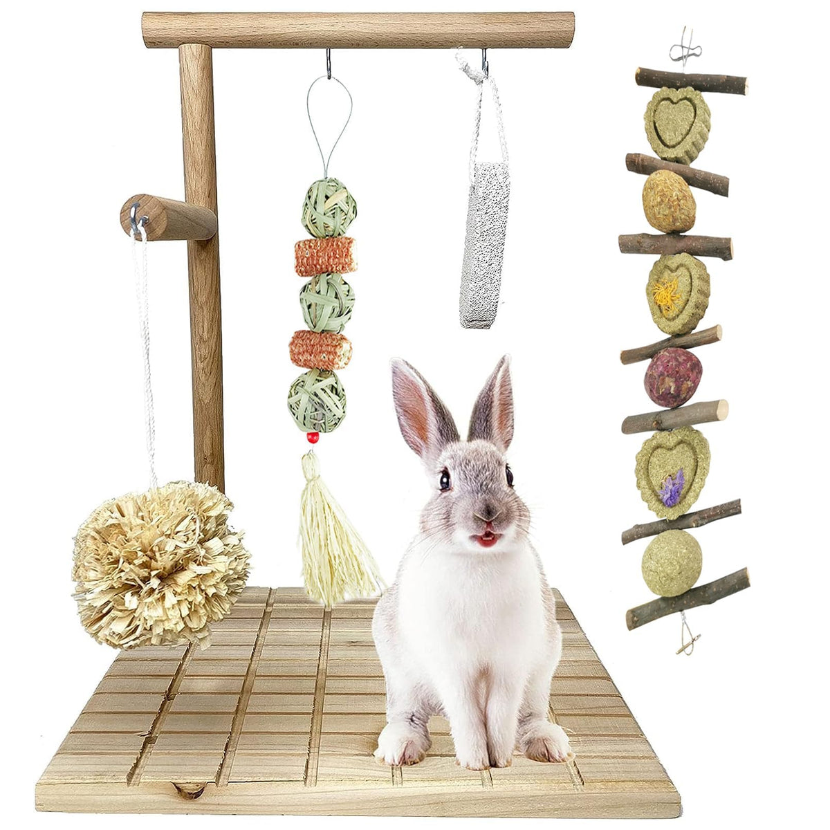 Kathson Bunny Chew Toys For Teeth Grinding, Rabbit Wooden Scratch Board Feet Pad Platform Natural Seagrass Hanging Basket Small 