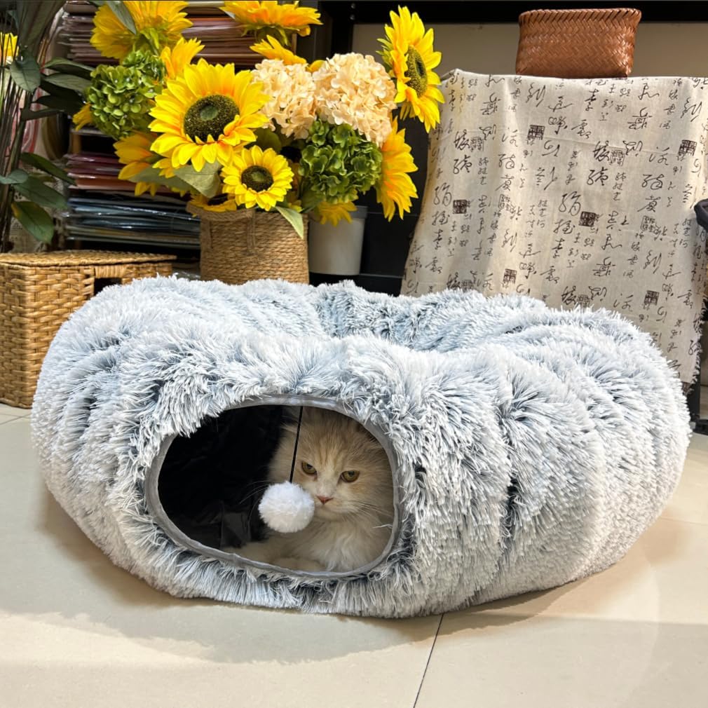 Mabaytir Cat Tunnel Bed For Indoor Cats Grey Plush, Collapsible Play Tube With Removable Cushion, Sturdy Cat Toy Playhouse, Soft