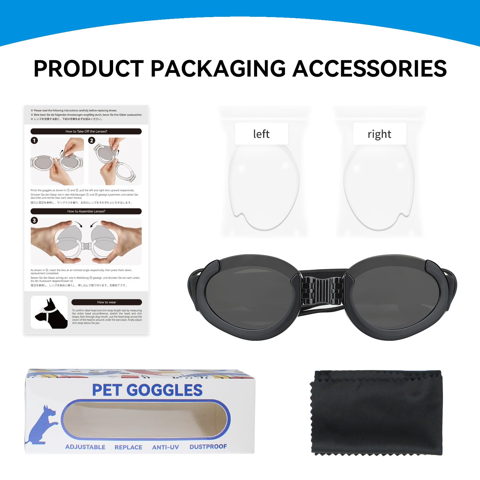 Petleso Dog Goggles Medium Breeds, Clear Uv Protection Dog Sunglasses With Black Replaceable Lenses, Adjustable Doggy Glasses Fo