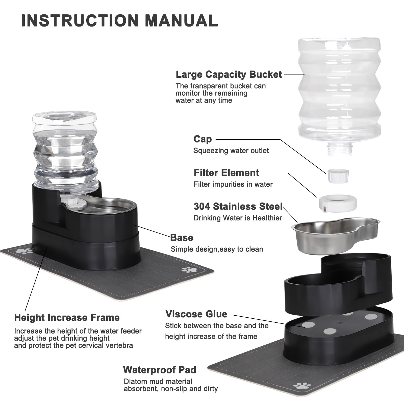 RIZZARI Automatic Cat Water Dispenser: Black 5L Elevated Feeder with Specialized Brush and Triple Filtration - Stainless Steel G
