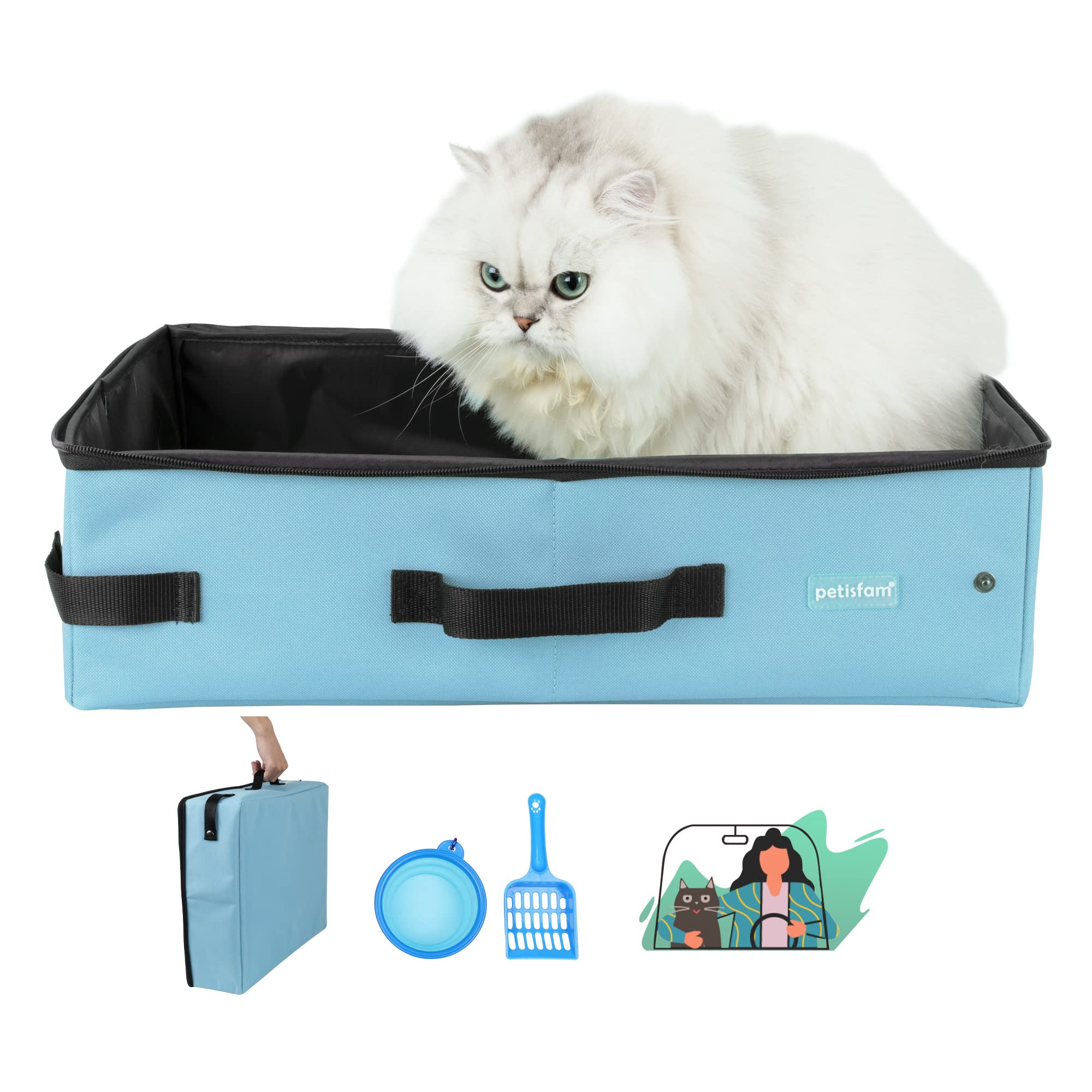 Portable Cat Travel Litter Box With Leak-Proof Zipped Lid To Keep Odor And Litter Contained. Lightweight To Carry Around (Blue, 