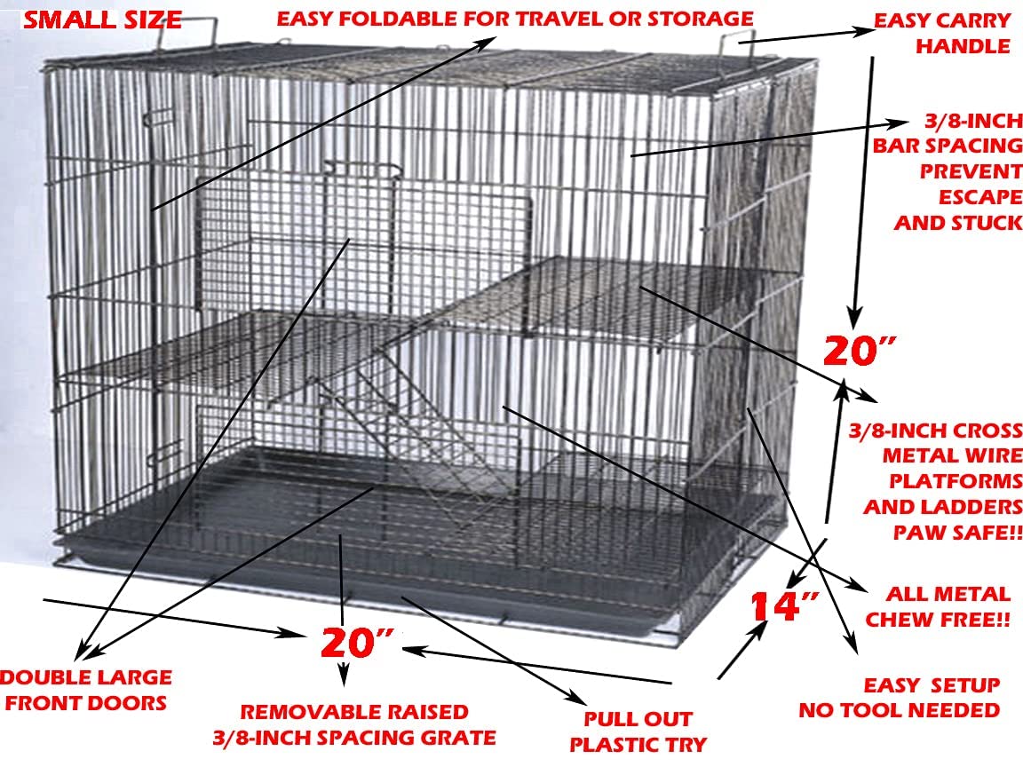 3-Levels Easy Portable Collapsible Ferret Chinchilla Sugar Glider Rats Mouse Animal Critter Chew-Proof Metal Carrier Travel Cage