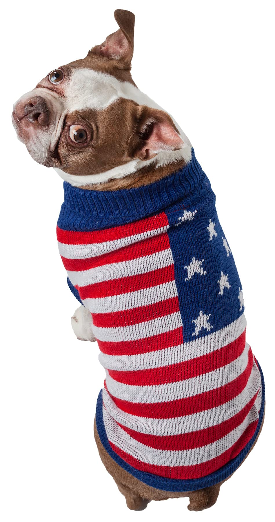 Pet Life  Patriot Independence Star Pet Sweater - Designer Heavy Cable Knitted Dog Sweater with Turtle Neck - Winter Dog Clothes
