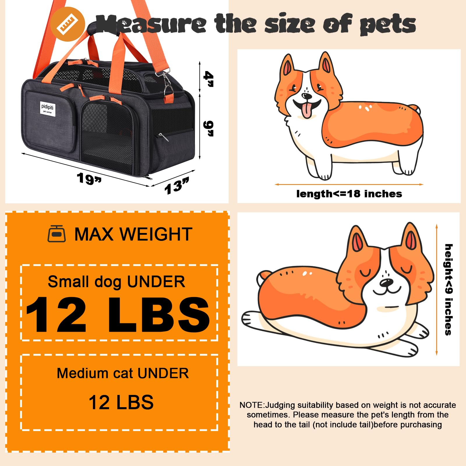 Pidipiti 19X13X9 Tsa Approved Top Expandable Pet Carrier For Small Dog Puppy Cat Up To 12-15 Lbs Weight And 18.5'' Length, For S