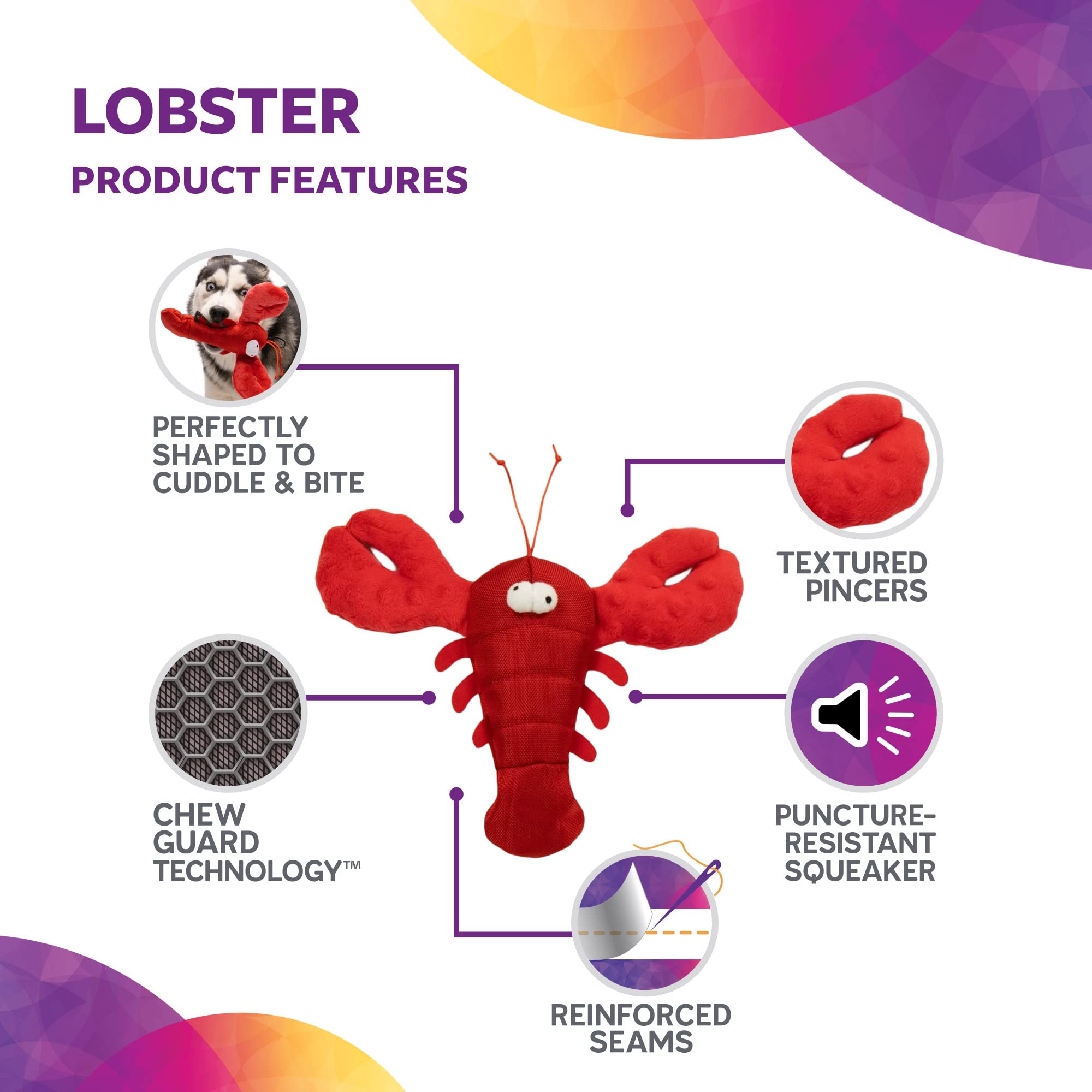 Trustypup Tough 'N Fun Lobster Squeaky Plush Dog Toy, Chew Guard Technology - Red, Medium