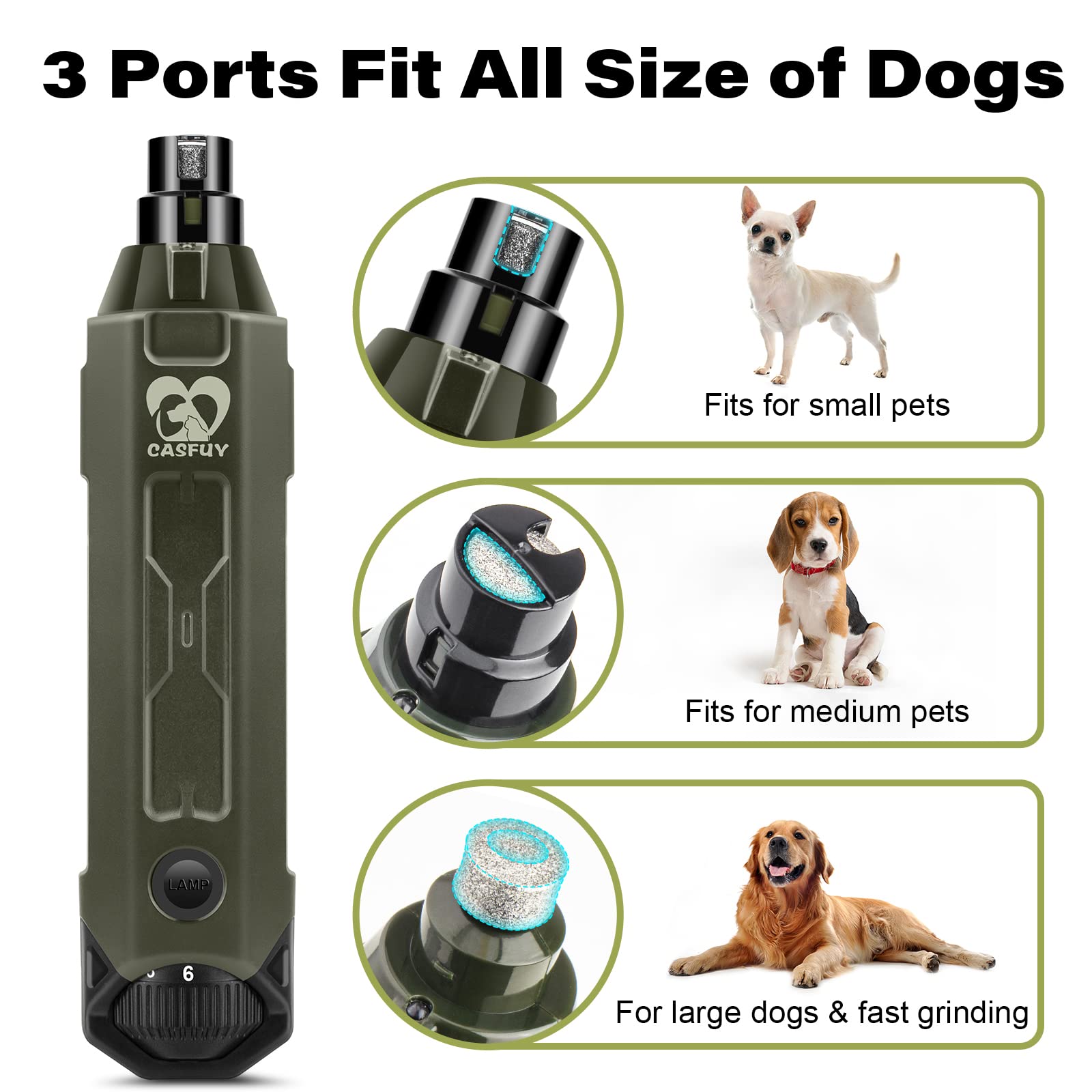 Casfuy 6-Speed Dog Nail Grinder - Newest Enhanced Pet Nail Grinder Super Quiet Rechargeable Electric Dog Nail Trimmer Painless Paws Grooming & Smoothing Tool For Large Medium Small Dogs (Army Green)