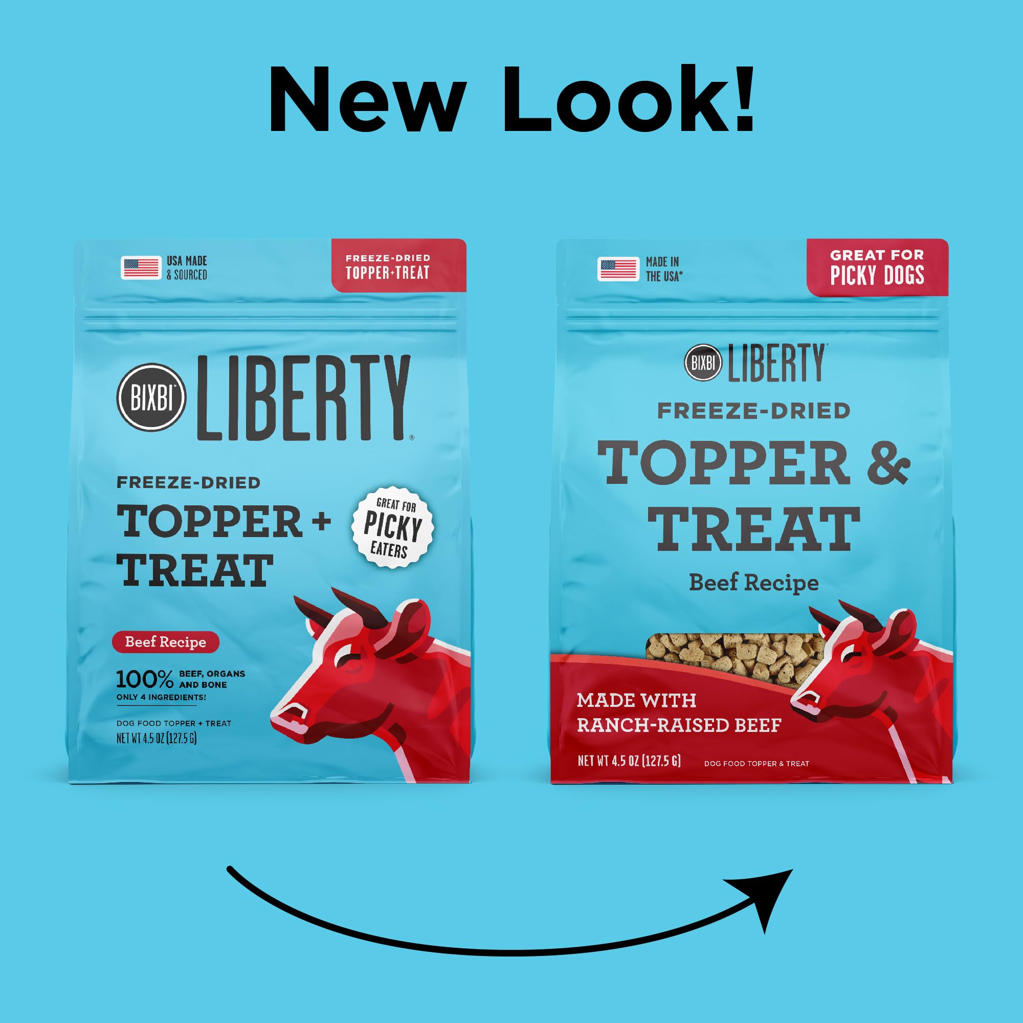 BIXBI Liberty Freeze Dried Dog Food Topper + Dog Treat, Beef Recipe, 4.5 oz - 98% Meat and Organs, No Fillers - Pantry-Friendly