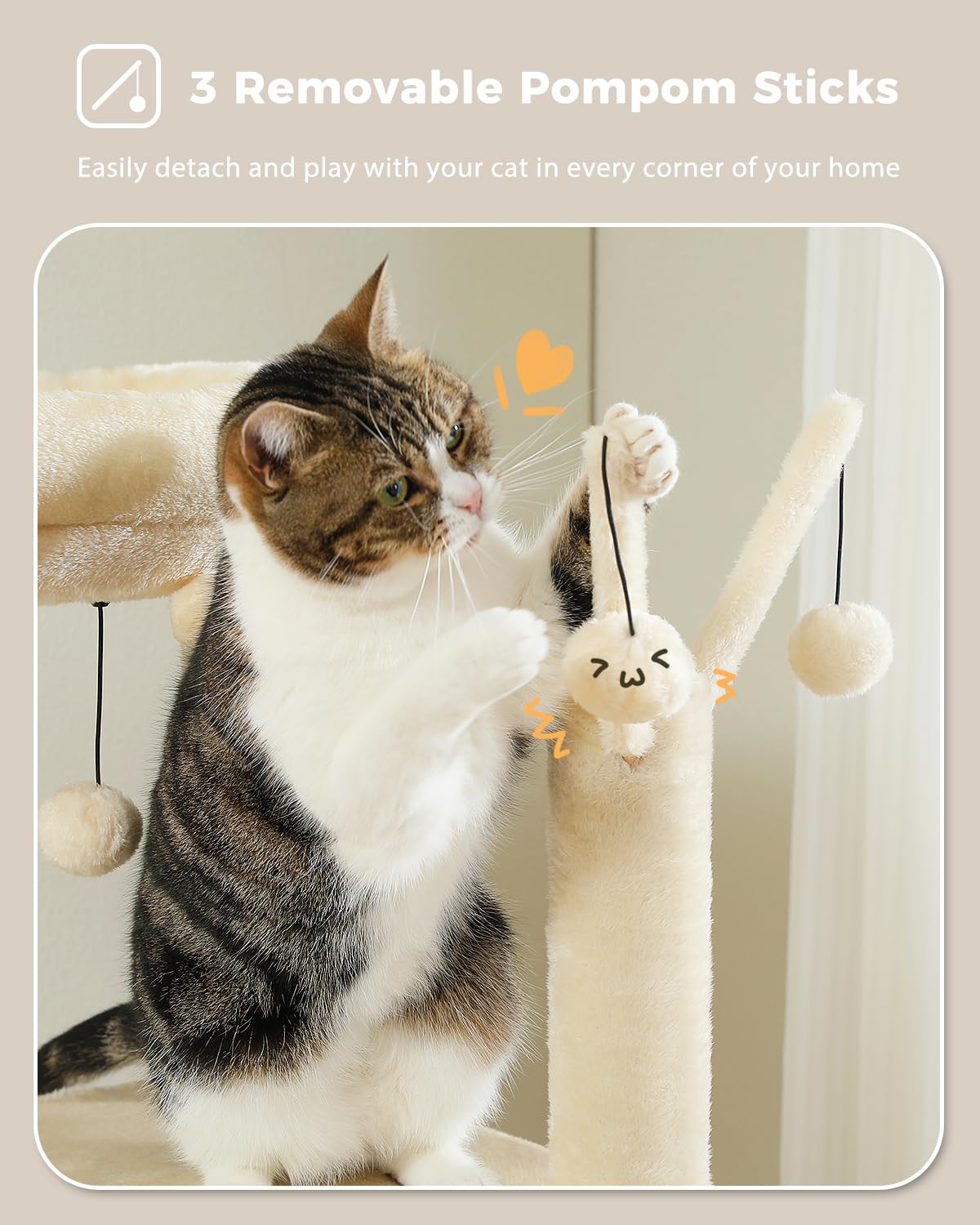Muttros 59' Cat Tree, Tall Cat Tree For Large Cat, Multi-Level Cat Tower With 3 Removable Pompom Sticks, Cat Tree For Indoor Ca