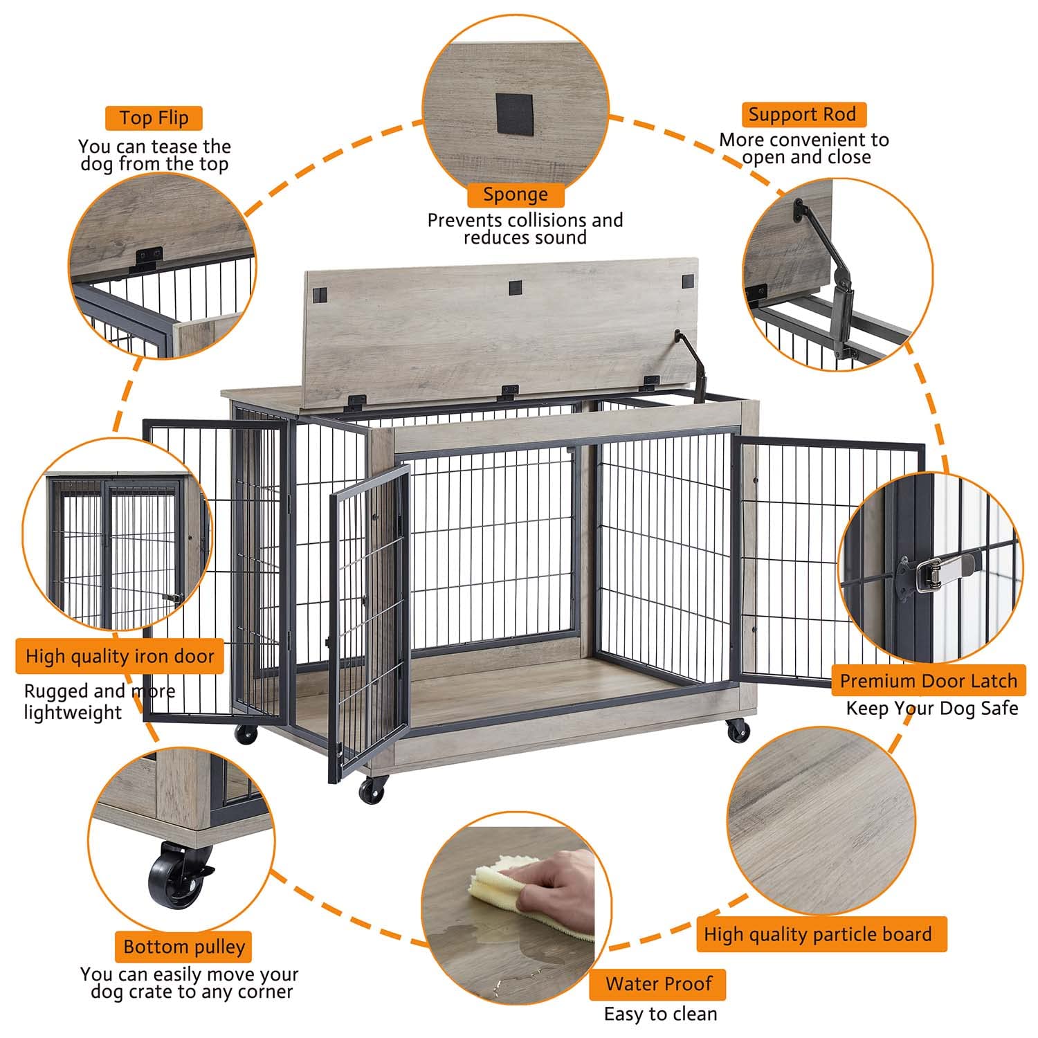 IchbinGo Wooden Dog Crate Furniture, 38.5 Dog Kennel with 3 Doors, Flip-up Top Opening and Wheels, Decorative Pet Crate Dog Hous