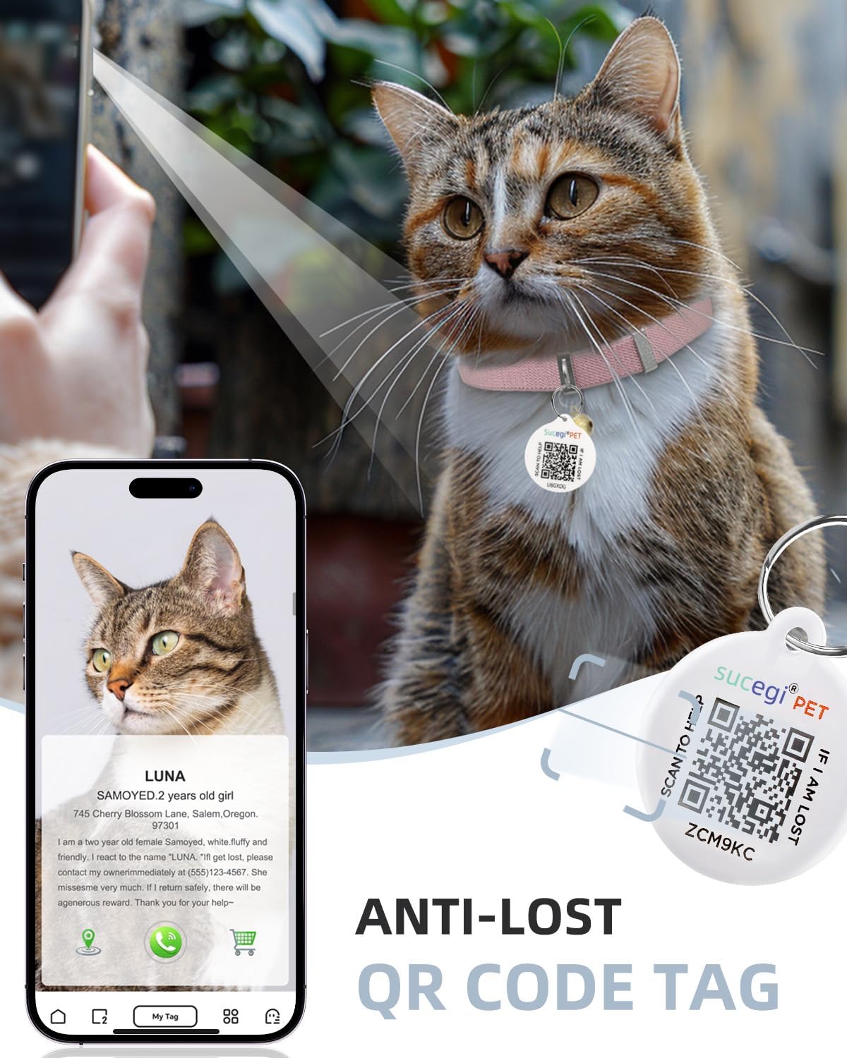 Cat Collar With Bell, Stretch Elastic Quick Release, Modifiable Pet Online Profile Page, Multiple Emergency Contact, Non Breakaw