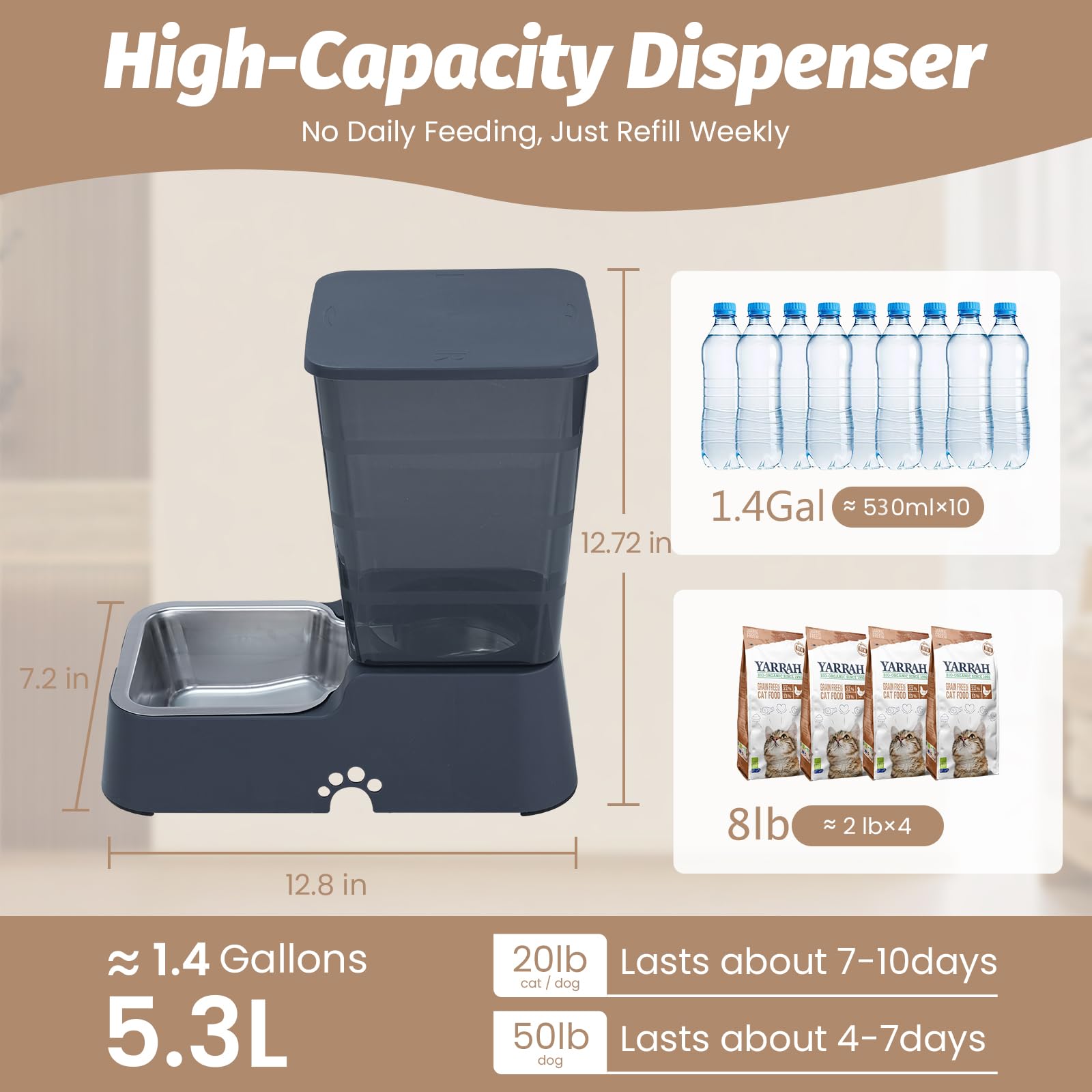 Leefele Automatic 5.4L/1.4Gal Pet Waterer, Automatic Dog Water Dispenser Gravity Stainless Steel Water Feeder, Large Capacity Fe