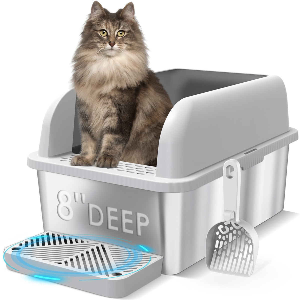 Suzzipaws 8' Deep Stainless Steel Cat Litter Box With Lid Extra Large Litter Box For Big Cats Xl Metal Litter Pan Tray With High Wall Sides Enclosure, Non-Sticky, Anti-Leakage, Easy Cleaning