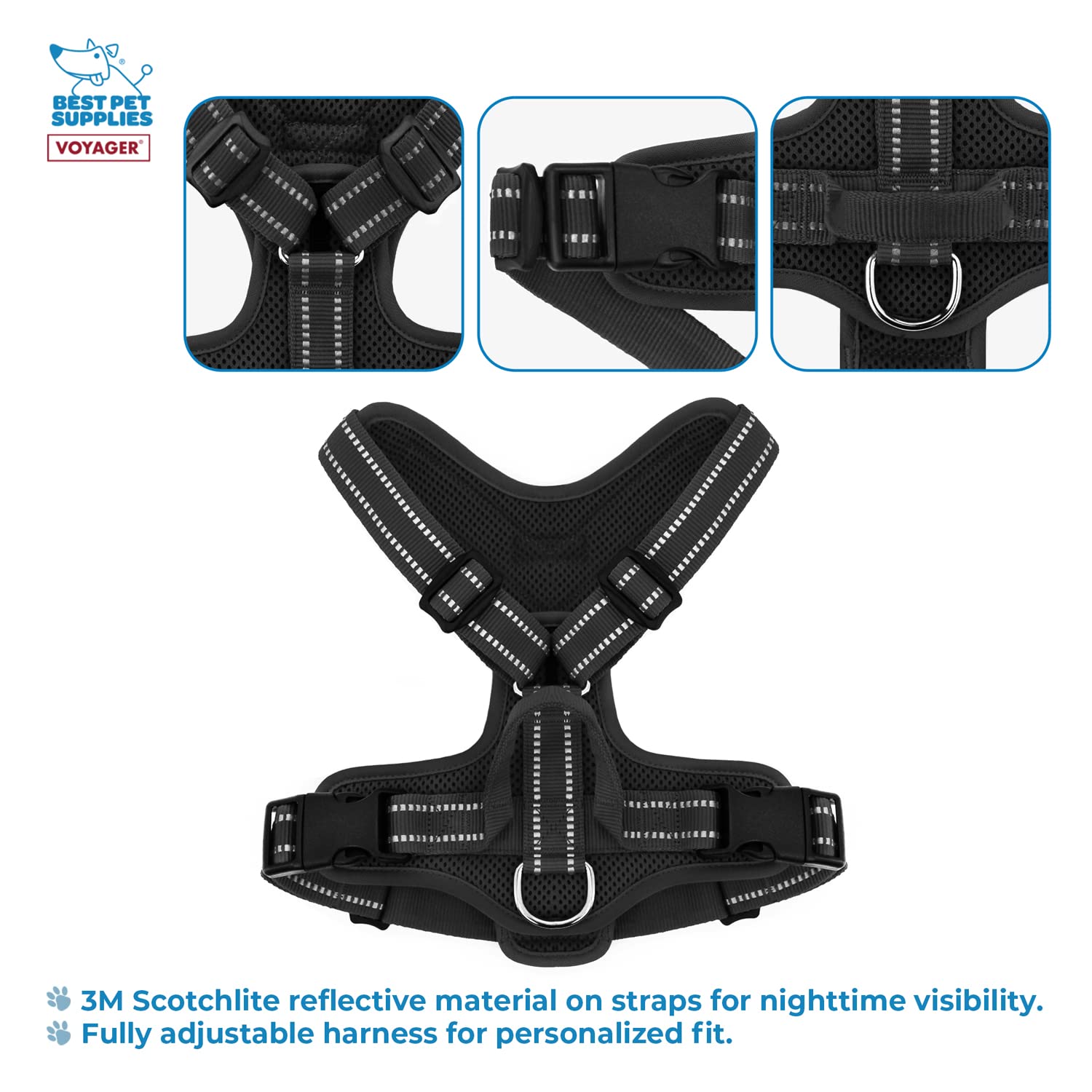 Air Frontier Mesh Dog Harness With Steel Leash D-Ring, Reflective Stitching, And Lightweight Breathable No-Pull Design, Adjustable Neck And Chest Straps For Small To Large Breeds - Bk, Xs