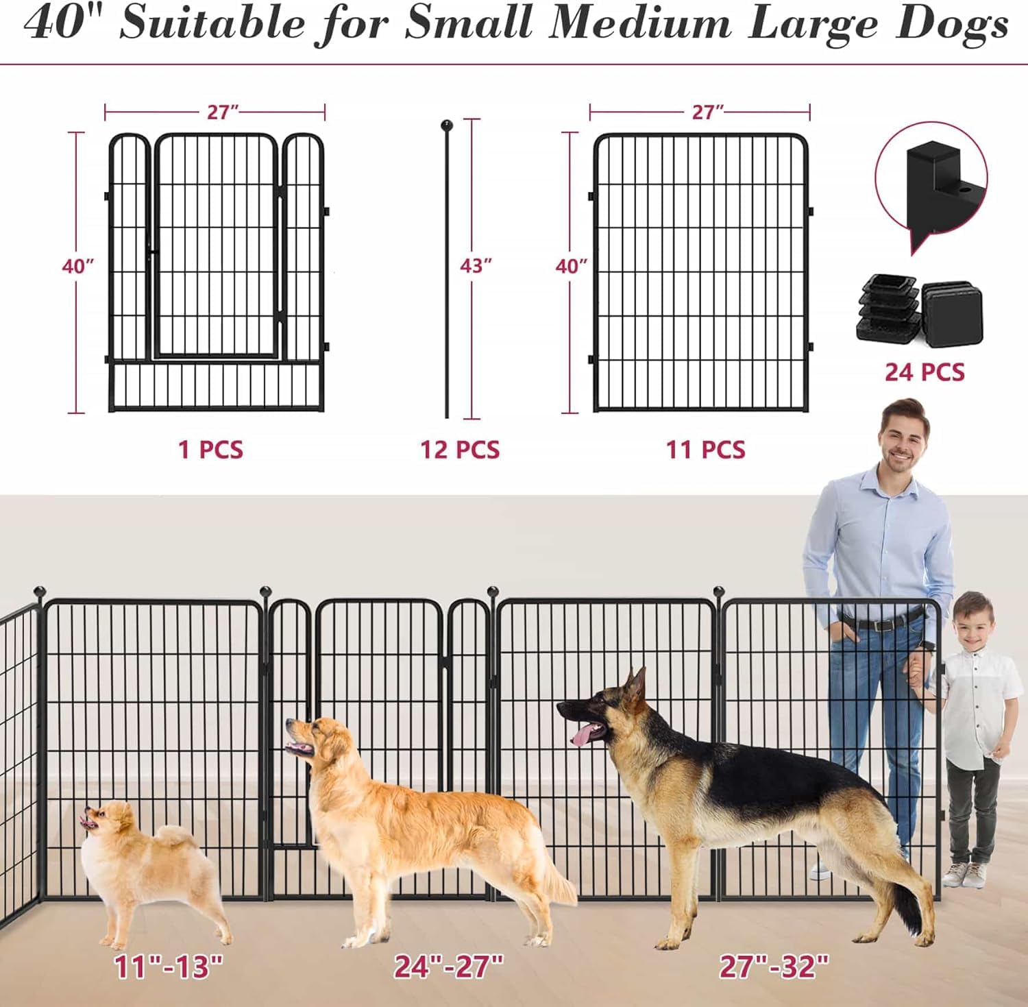 Jhsomdr Dog Playpen Outdoor 40 Inch 12 Panels Indoor Dog Pen For Large/Medium/Small Dogs Rustproof Metal Dog Fence Outdoor For Y