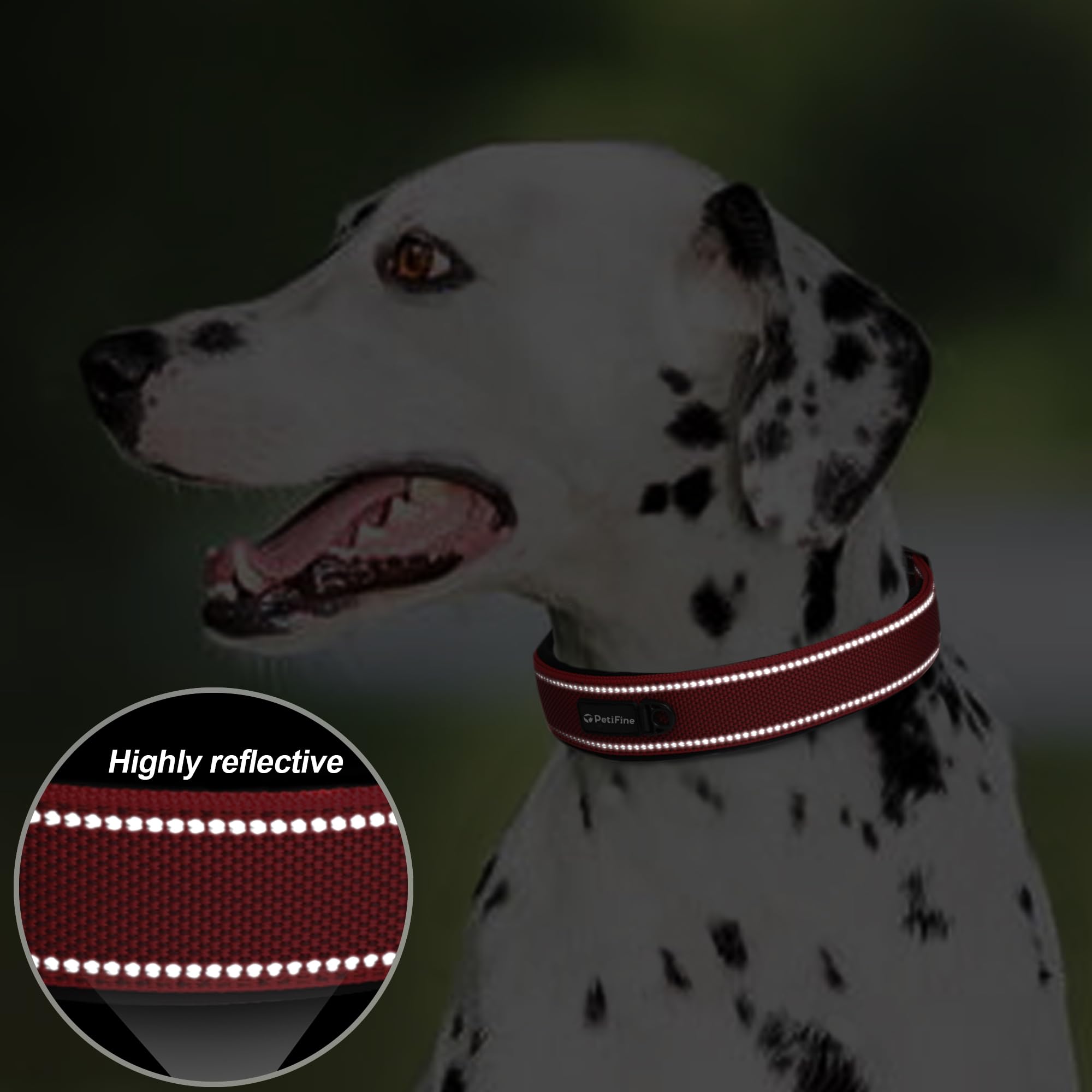 PetiFine Heavy Duty Dog Collar, Soft Neoprene Padded, Adjustable Reflective Nylon, Small (11"-14.5"), Red
