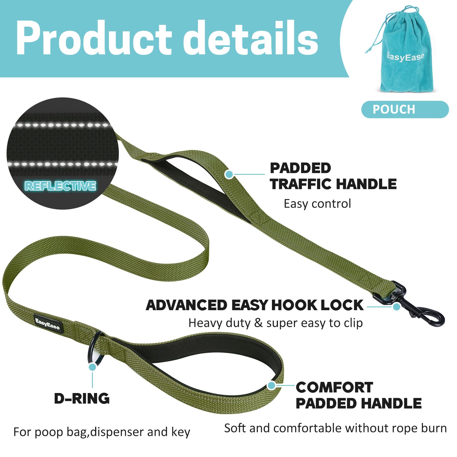 Easyease Dog Leash With 2 Comfortable Soft Padded Handles 6Ft Green Reflective Heavy Duty Pet Dog Walking Leashes Durable Dog Tr