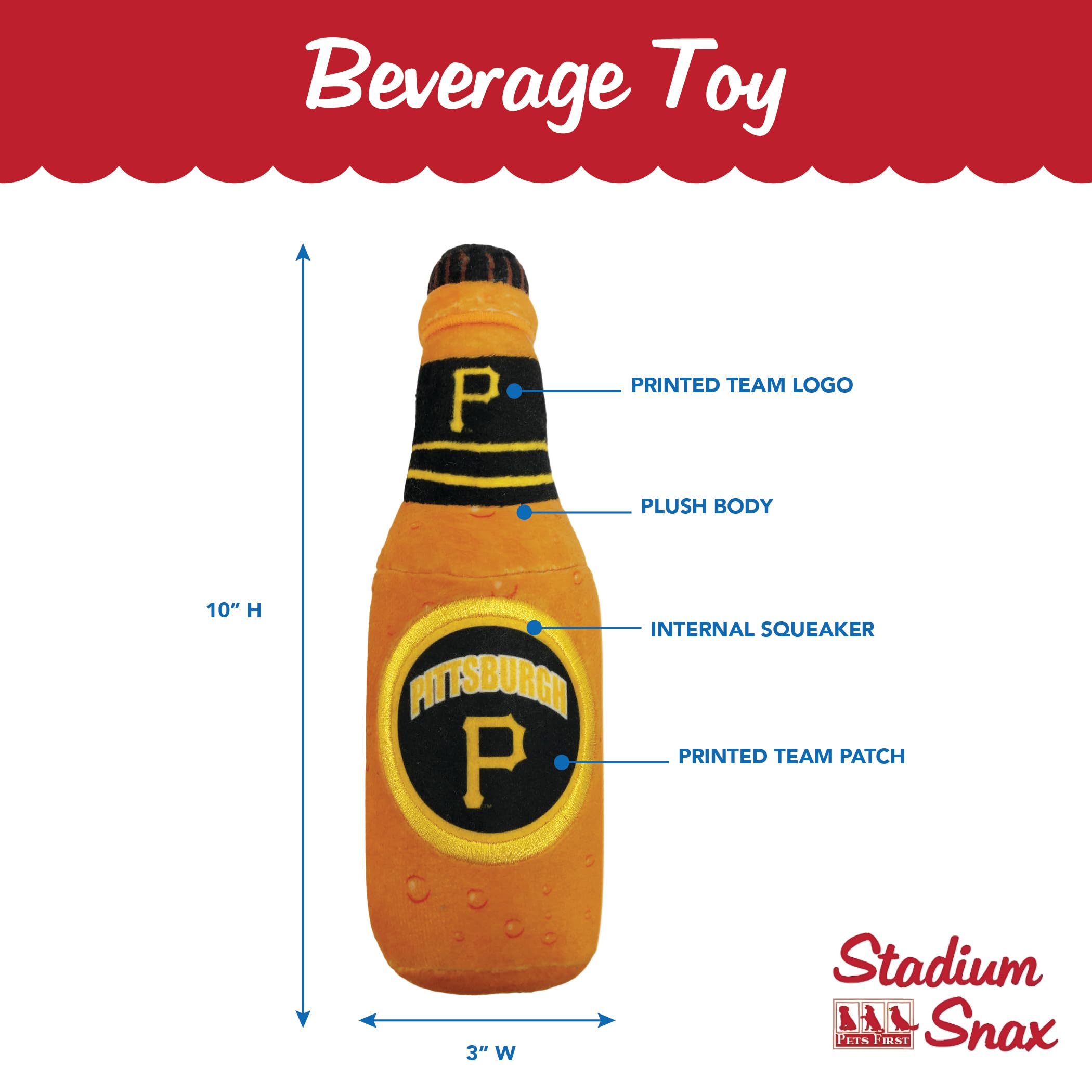 Mlb Pittsburgh Pirates Stadium Beer Bottle Plush Dog Toy-Cutest Plush Toy For Dogs & Cats With Inner Squeaker & Premium Embroide