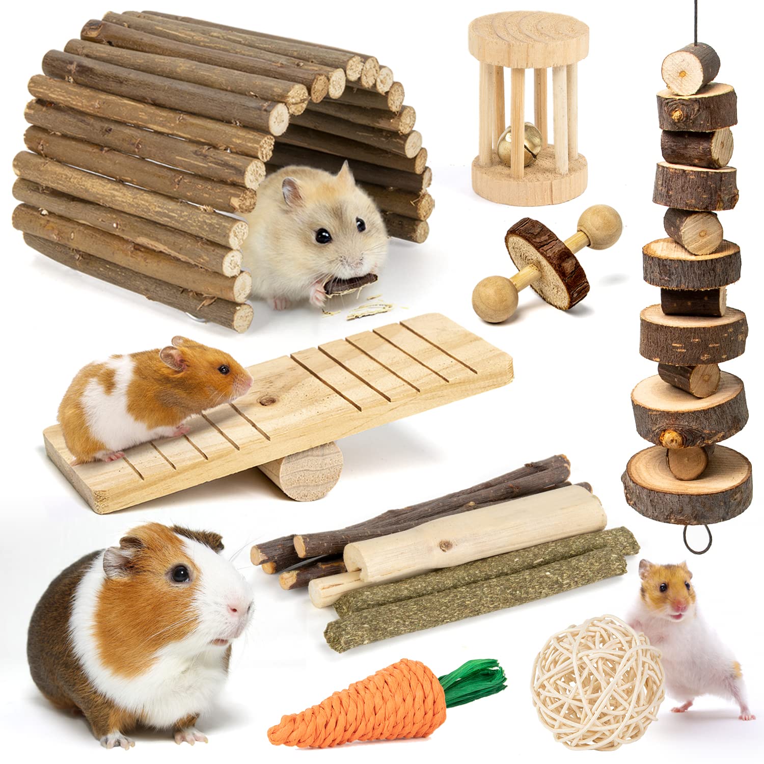 Sofier Hamster, Guinea Pig Toys Accessories Natural Chews for Teeth Rabbit Bunny Rat Chinchilla Hideout Ball Apple Wood Timothy 