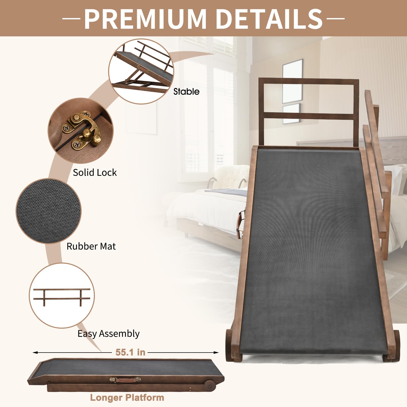 Slsy Dog Ramp, Folding/Portable/Rubber Mat High Traction/Natural Wood/5 Adjustable Levels, 55.1'' Long For High Bed, Suitable Fo