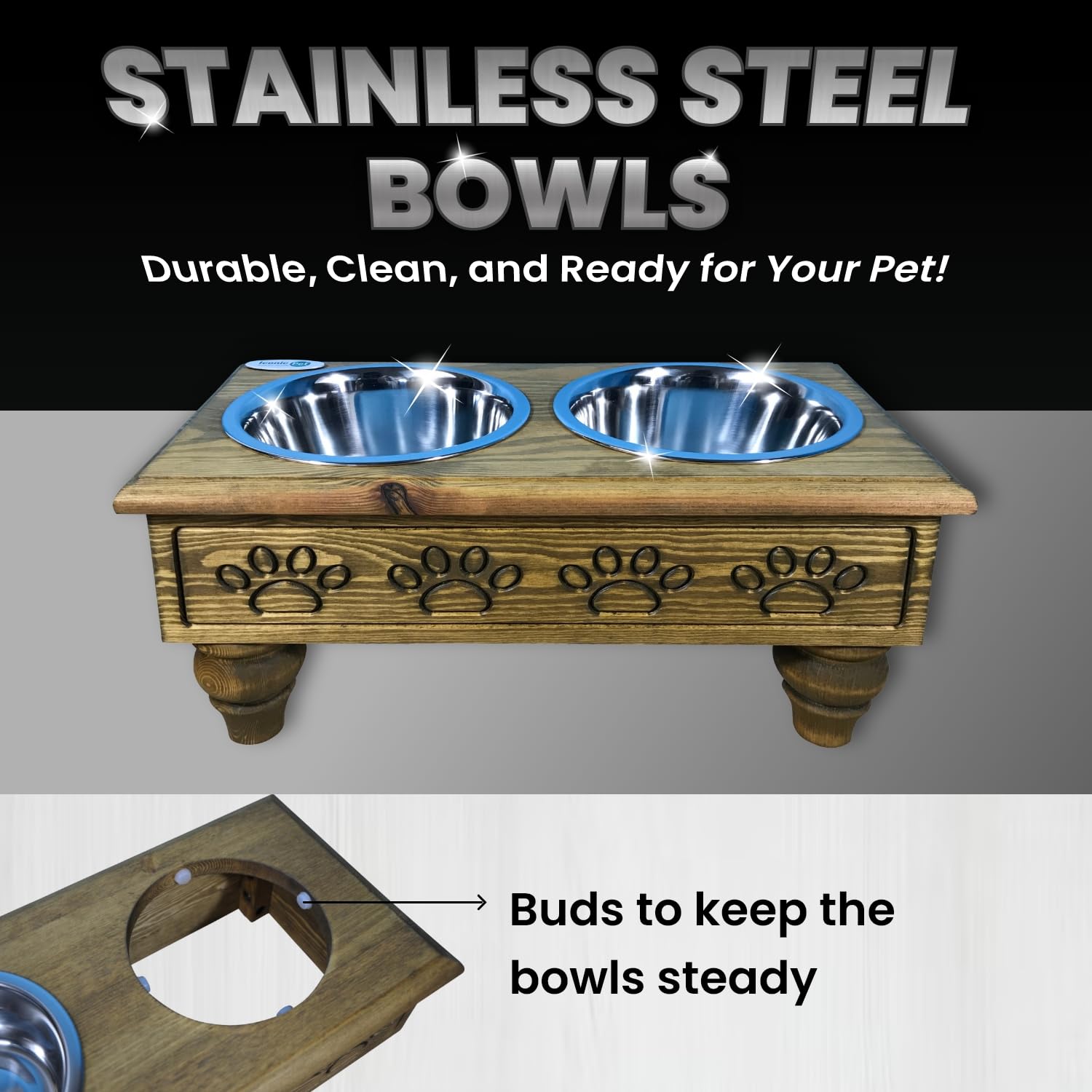 Iconic Pet Sassy Paws Raised Wooden Pet Double Diner with Stainless Steel Bowls for Dogs In Varying Sizes & Colors (Rustic Brown