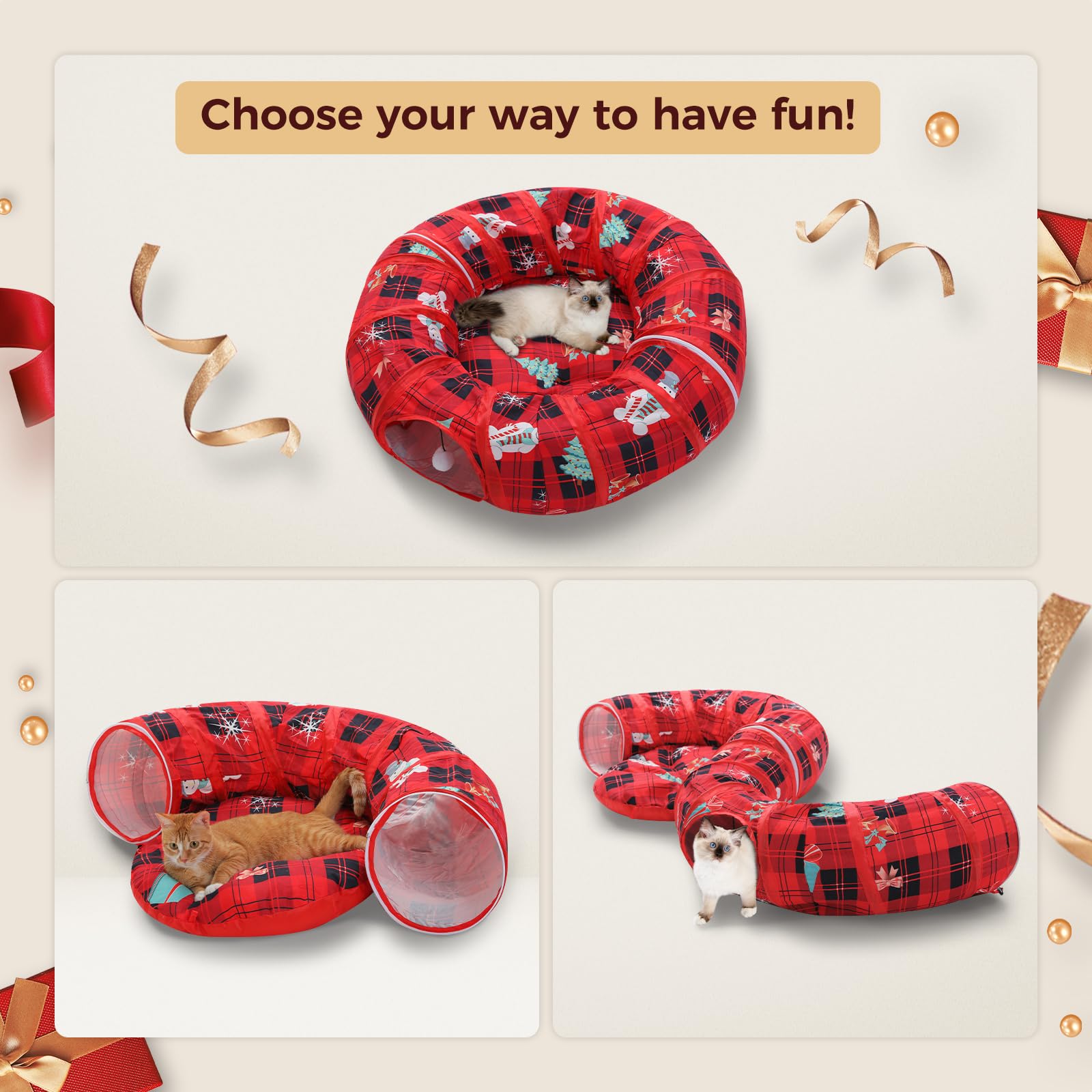 Pawz Road Cat Tunnel, Red Cat Donut Tunnel Collapsible Cat Tunnel Tube Dia-38 Inches With Soft Mat For Indoor Cats, Rabbits And