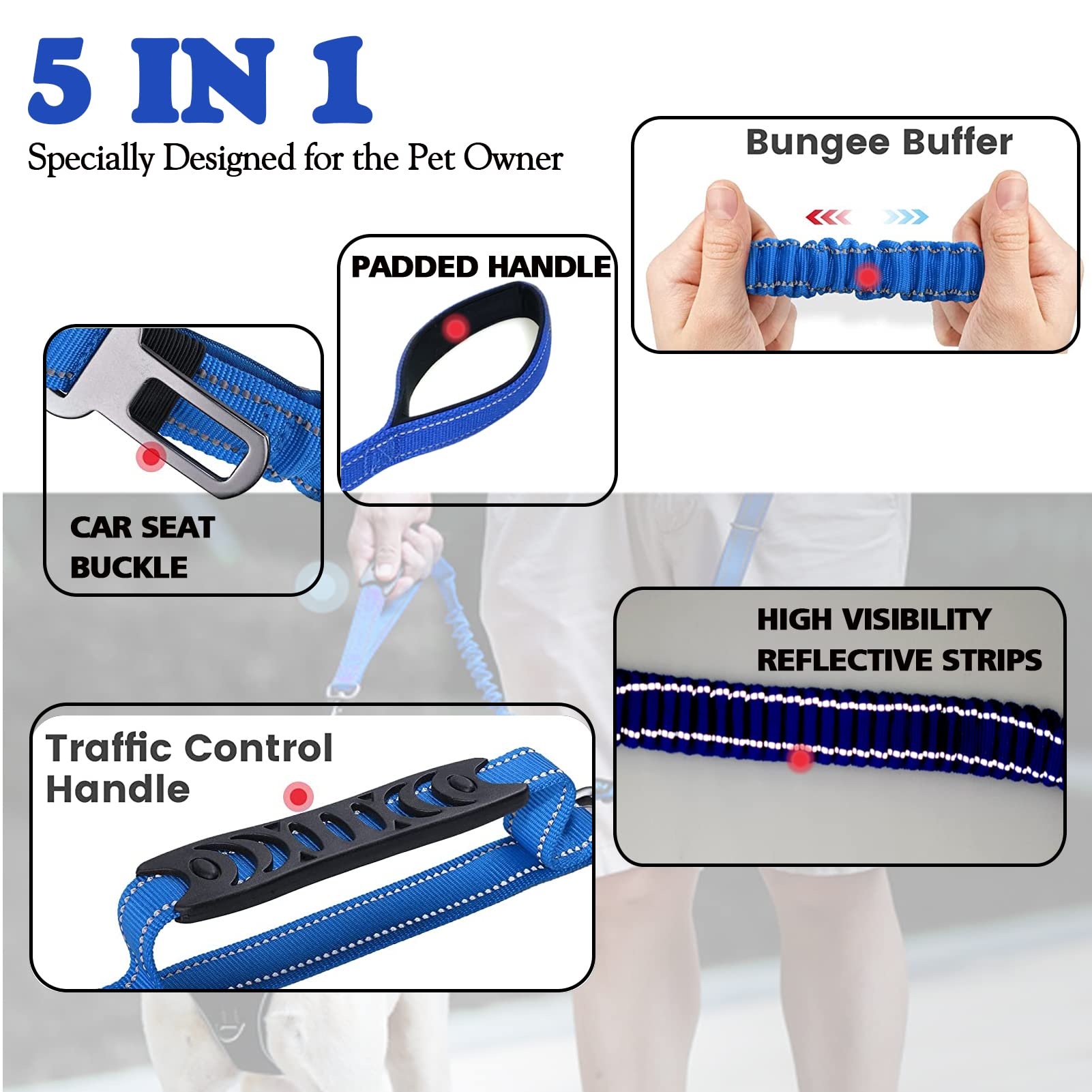 Dog Leash For Large Dog Heavy Duty, 4-6Ft Traffic Padded 2 Handles For Extra Control, Strong Shock Absorbing Bungee Dog Leash Wi