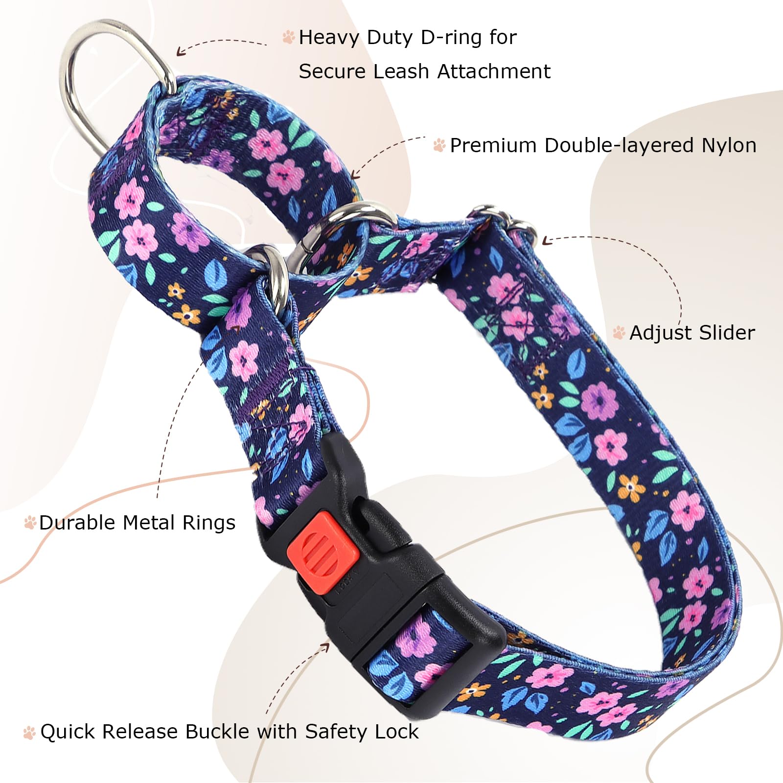 Martingale Collar For Small Dogs, Heavy Duty Training Collars With Bull Flower Design, Adjustable No Slip Collar With Safety Buc