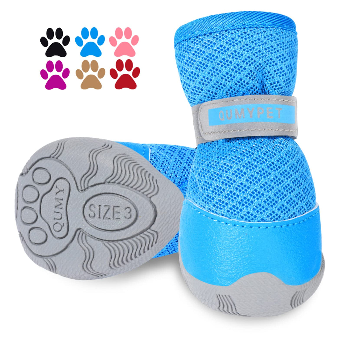 Qumy 2Pcs Dog Shoes For Small Breed Dogs Hot Pavement Summer Puppy Dog Booties With Reflective Strip Soft Comfortable Anti-Slip Rubber Sole Blue Size 5