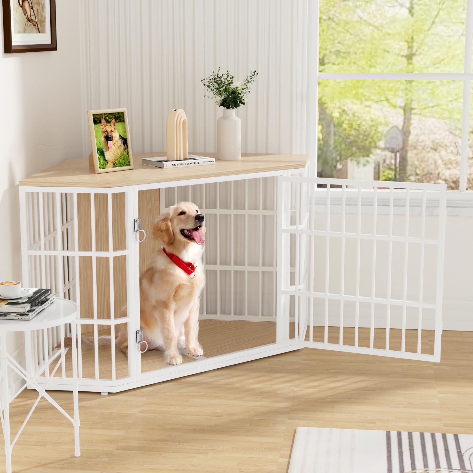 VOWNER 52 Inch Dog Crate Furniture Corner, Wooden Dog Kennel Furniture, End Table Dog Crate for Large Dogs, Indoor Pet Crates Co