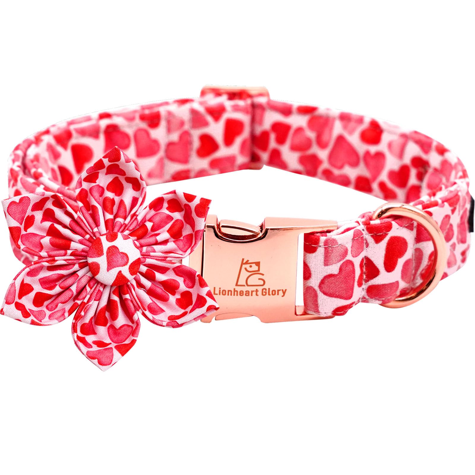 Lionheart Glory Valentine'S Day Dog Collar With Flower For Medium Dogs, Hearts Bowtie Spring Pet Collar Bows
