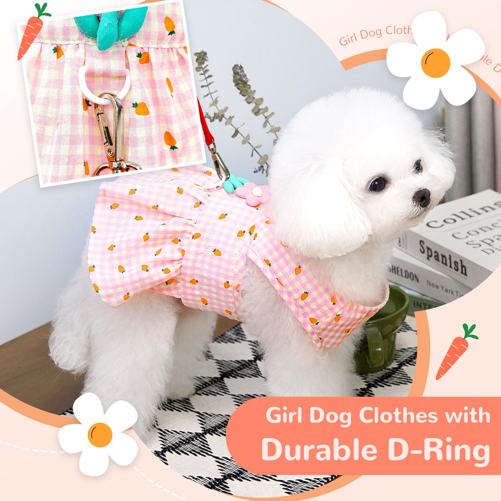 Xgdmeil Cute Floral Small Dog Dress With D-Ring Plaid Princess Girl Dog Harness Dress Spring Summer Breathable Pet Puppy Clothes