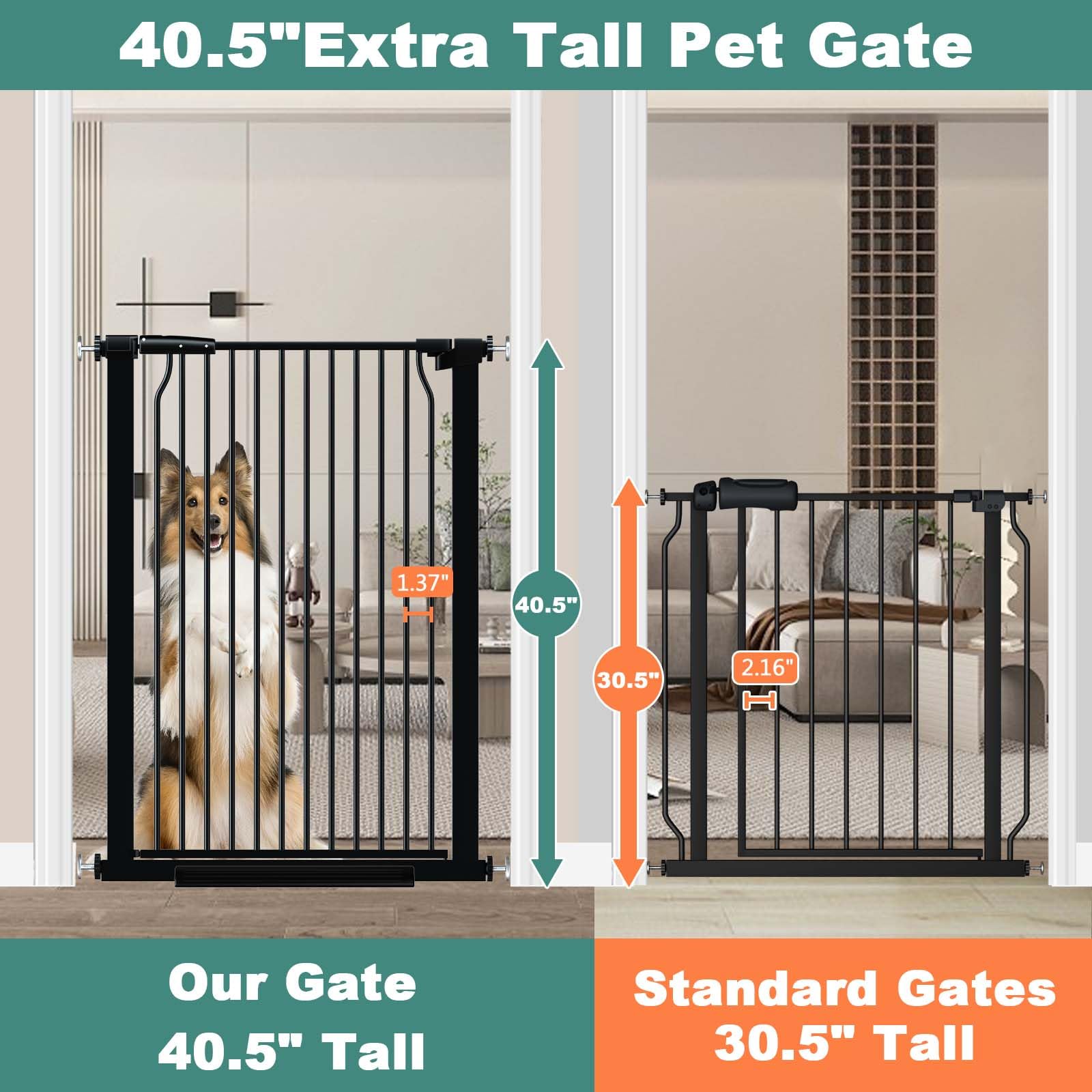 flower frail Extra Tall Baby Gate 49.2"-54.7" Wide Black Pressure Mounted, Model W385, No Drill Safety Child Barrier