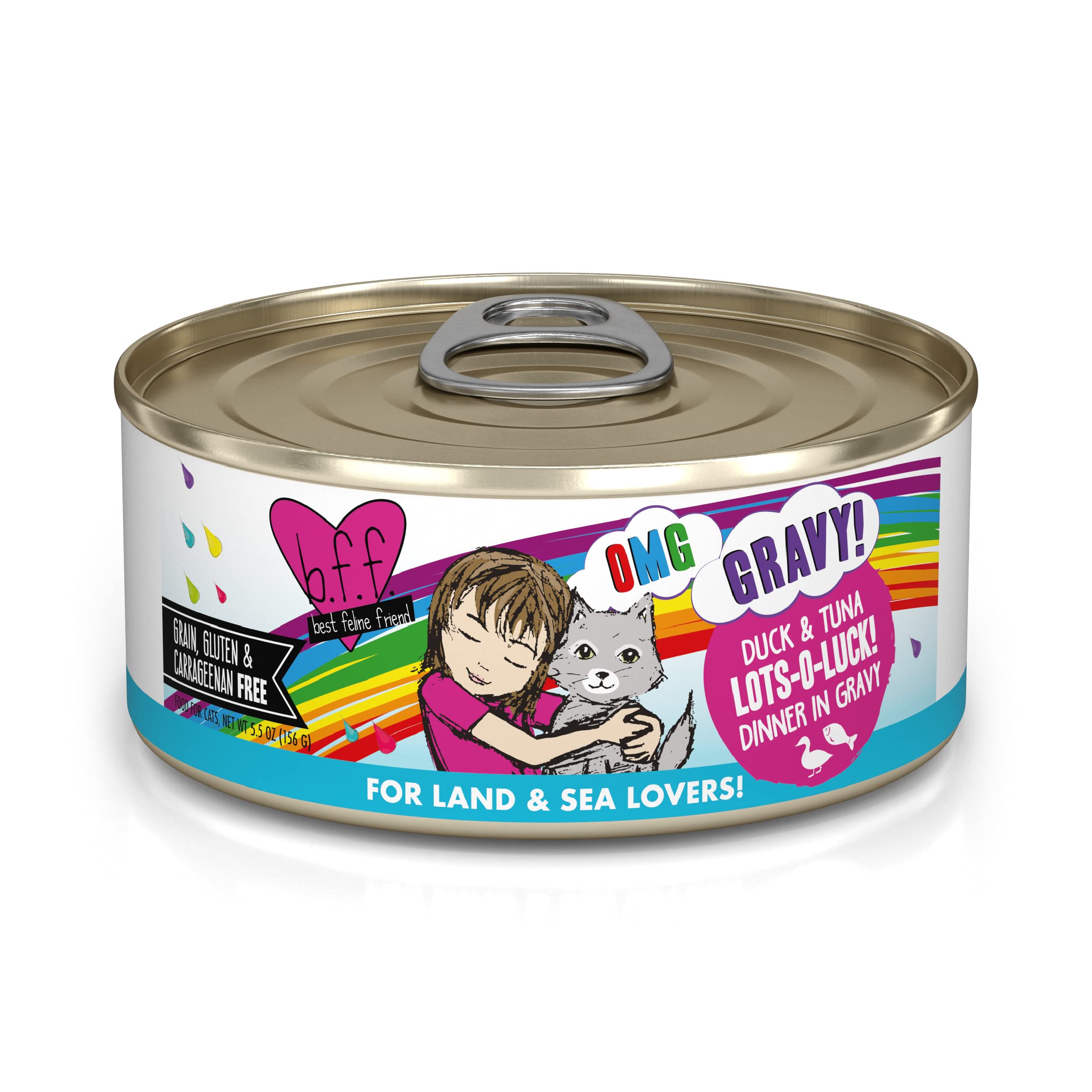 Weruva B.F.F. OMG - Best Feline Friend Oh My Gravy!, Lots-O-Luck! with Duck & Tuna in Gravy Cat Food, 5.5oz Can (Pack of 8)