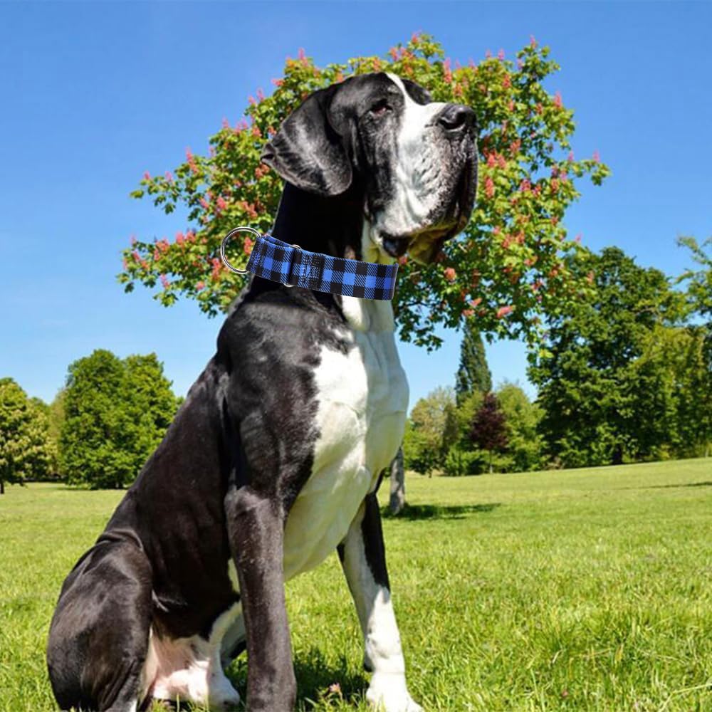 Wide Martingale Collar For Dogs Large Medium Extra Large With Blue Plaid Design, No Pull Choke Cinch Escape Proof Training Colla
