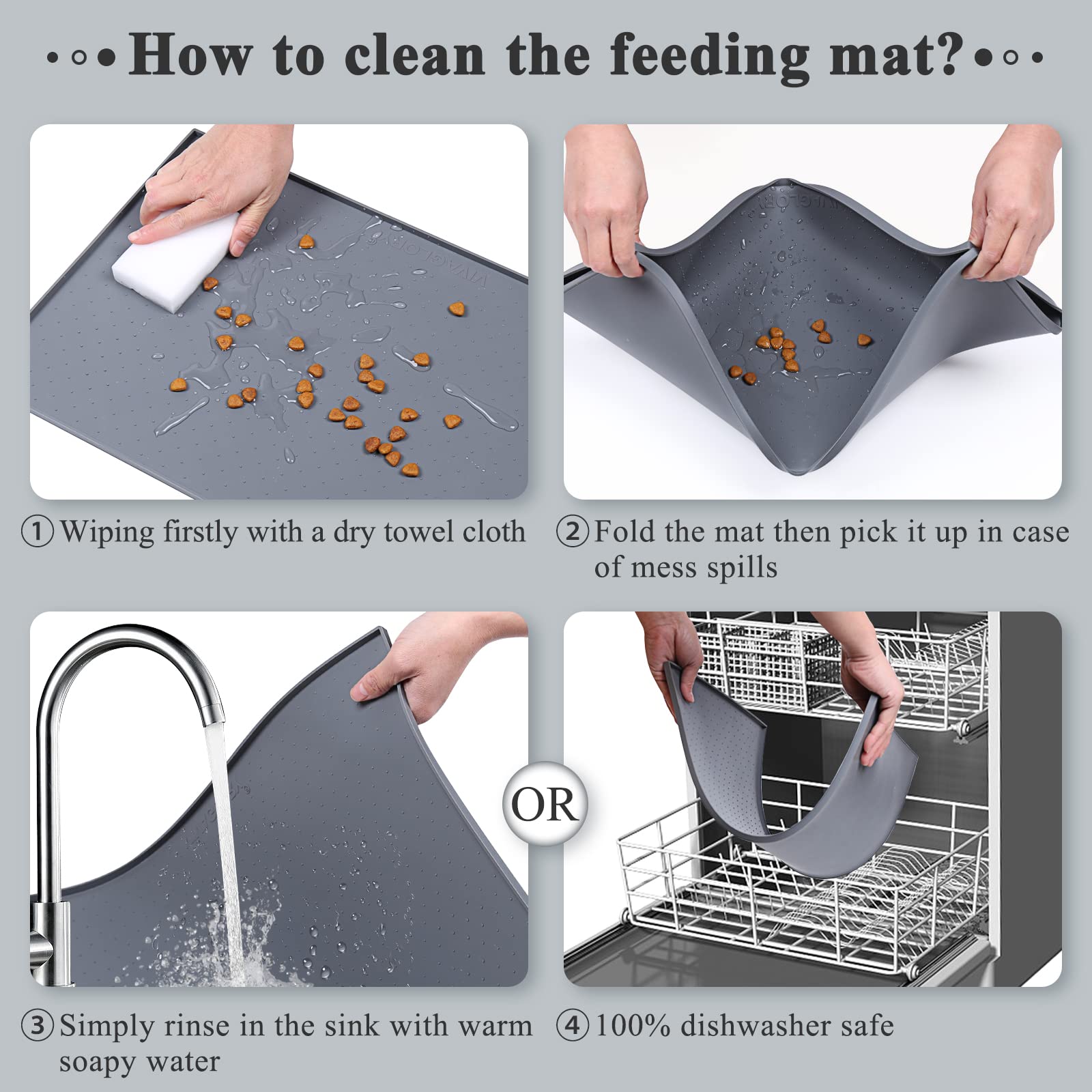 VIVAGLORY Dog Food Mat, Cat Dog Feeding Mat, Waterproof Non-Slip Food Grade Silicone Mat Placemat with Raised Edge, Anti-Messy P