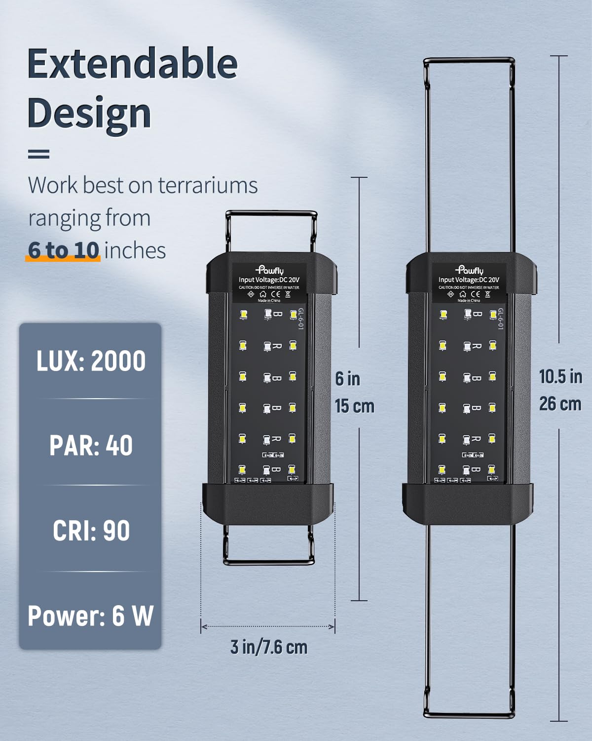 Pawfly 6 W Terrarium Light For 6'' To 10'' Terrariums Extendable Reptile Tank Light With Full Spectrum Brilliant White Blue Red