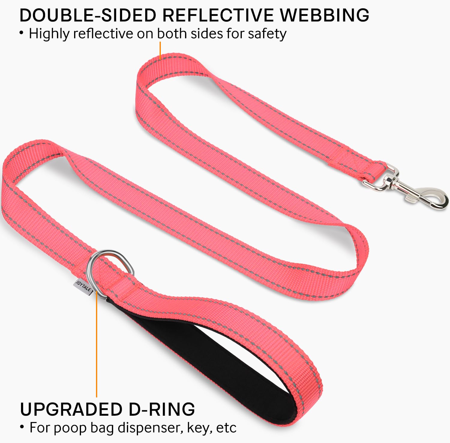 Joytale Double-Sided Reflective Dog Leash, 6 Ft/5 Ft/4 Ft, Padded Handle Nylon Dogs Leashes For Small & Medium Dogs Walking, Pink, 5Ft