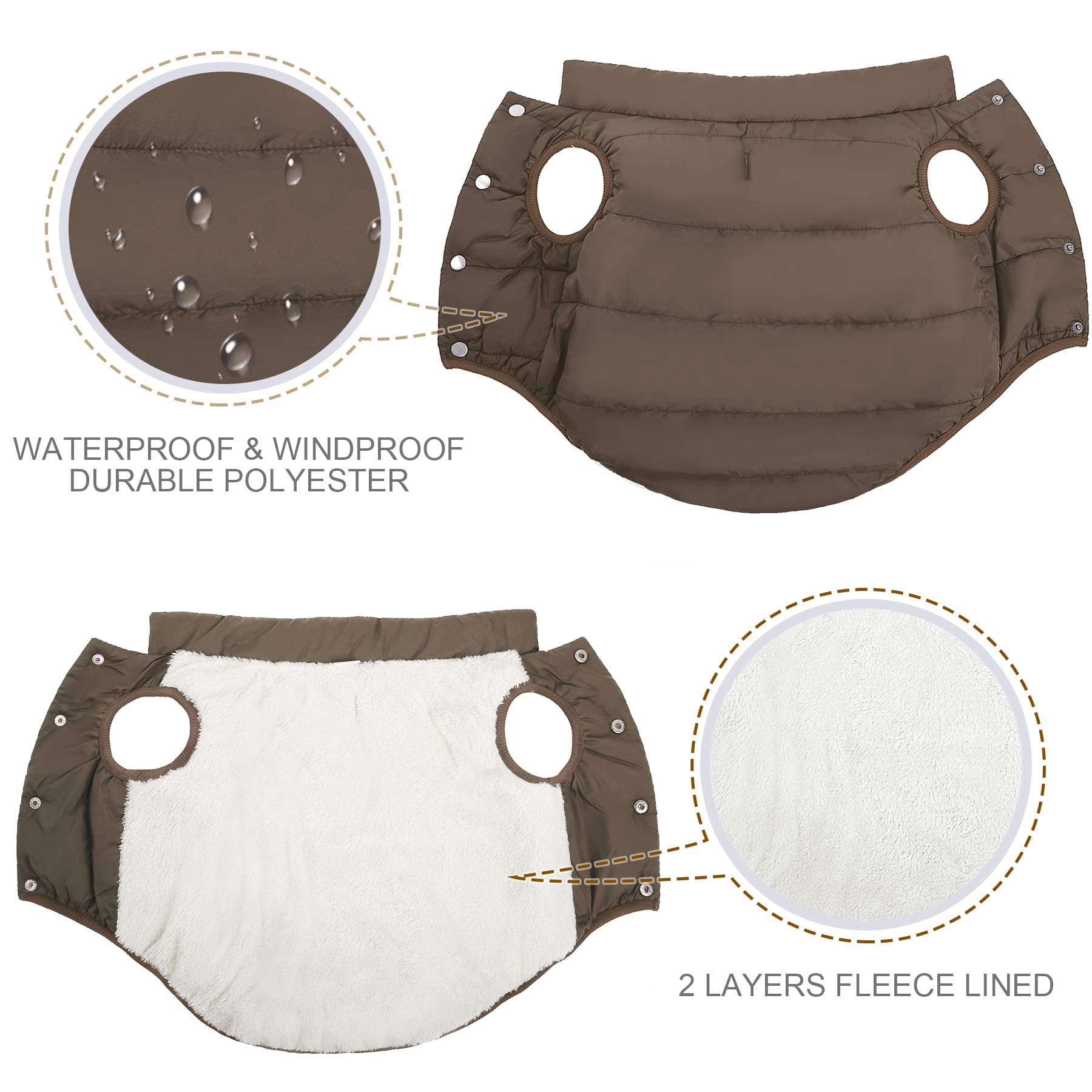 Asenku Windproof & Waterproof Dog Jacket - Warm Fleece Lined Vest For Small To Xxxl Dogs (Coffee)