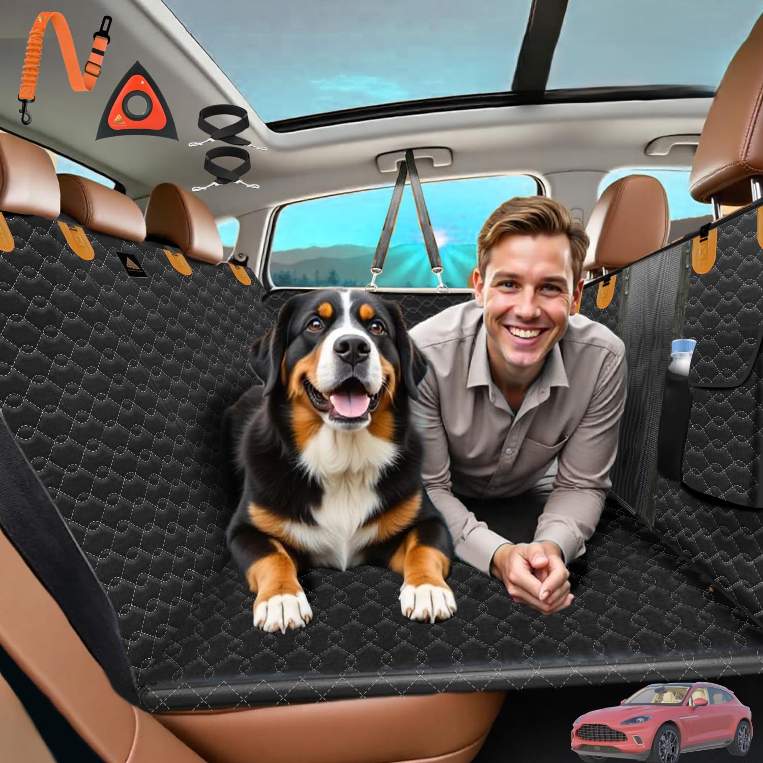 Back Seat Extender For Dogs-Supports 330Lbs,Waterproof Dog Car Seat Cover With Hard Bottom,Mesh Window,Storage Pockets,600D Heav