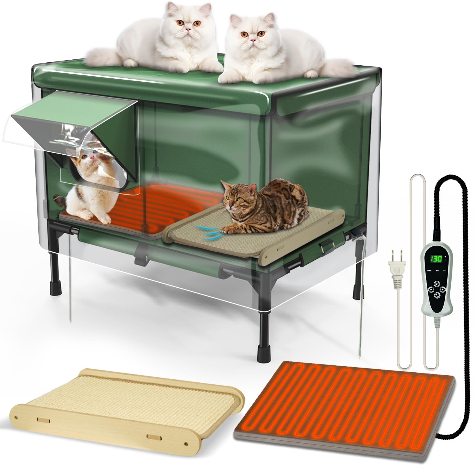 4-In-1 Heated Cat House For Outside With Heating Pad, Scratching Bed And Elevated Bed, Waterproof Windproof Tpu Rain Cover, Larg